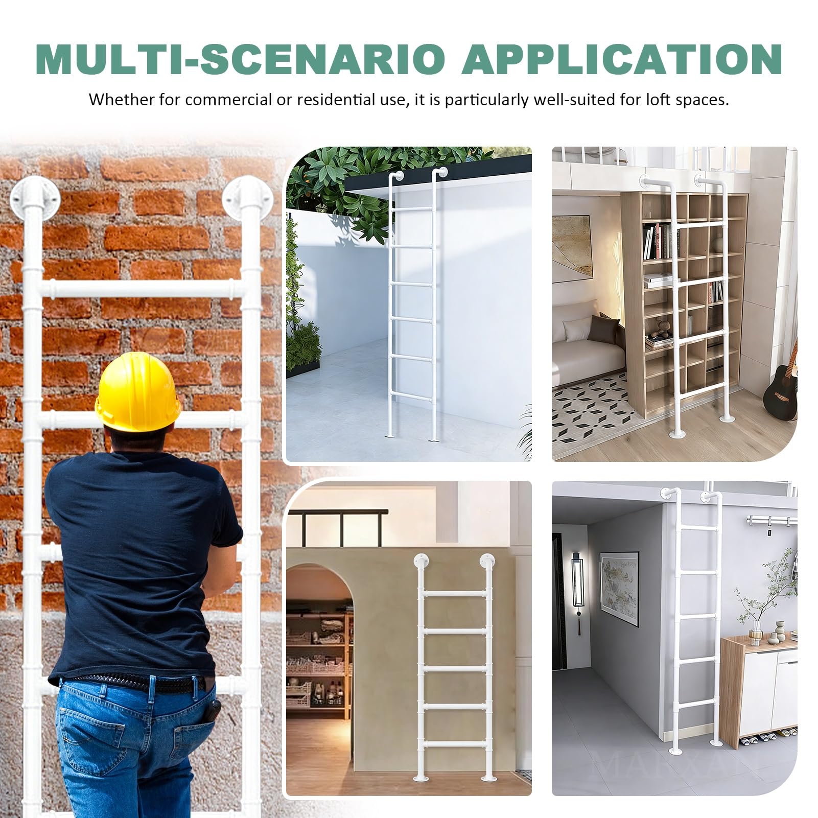 Scala di Uscita di Emergenza Resistente per Casa/Letto a Castello, Scala da Soppalco da Terra in Ferro battuto Bianco con Accessori di Montaggio, Dimensioni Personalizzabili(120cm/47in)