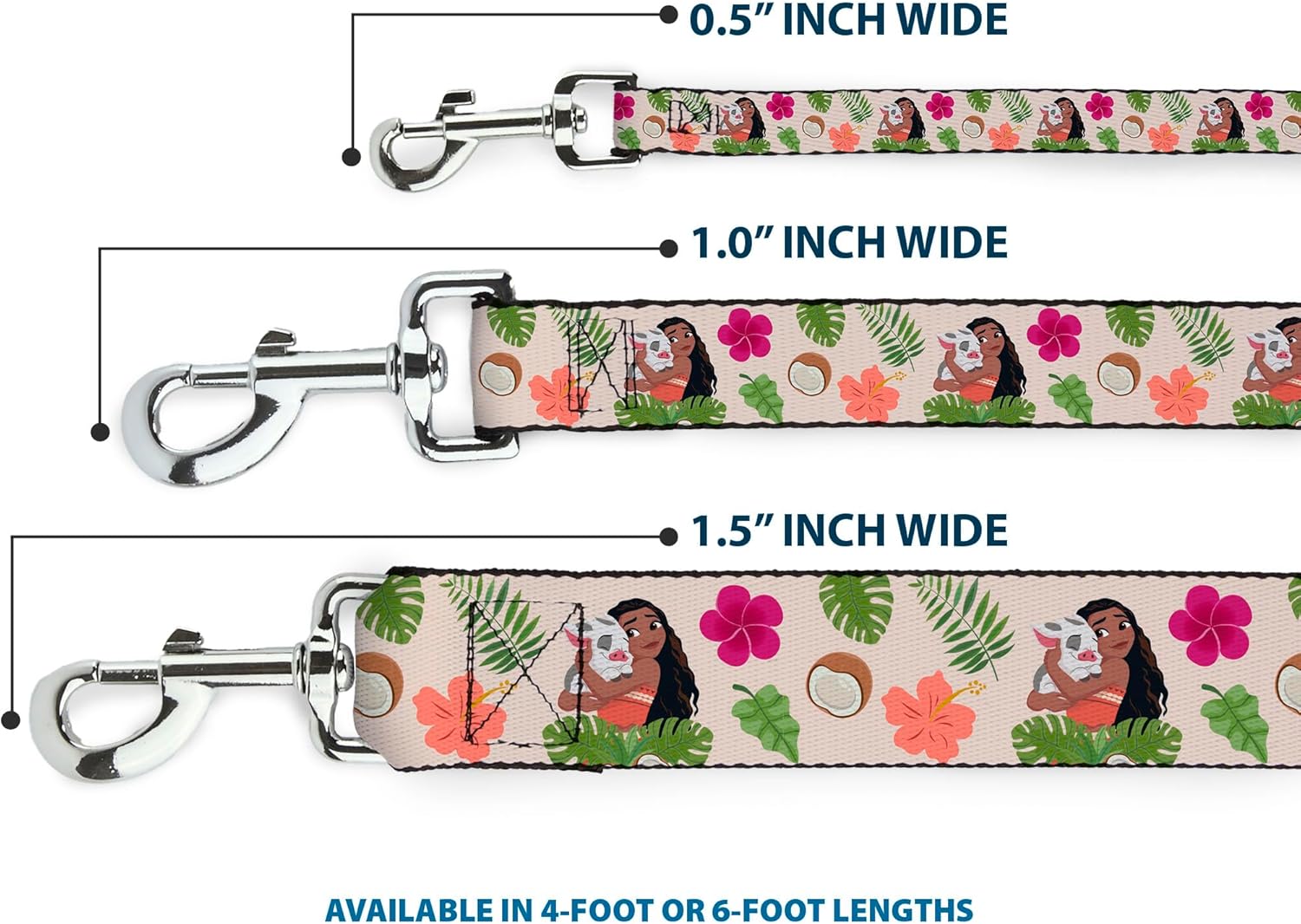 ディズニーペットリーシュ、犬用リーシュ、モアナハグプアポーズとトロピカルフローラベージュ、長さ6フィート、幅0.5インチ