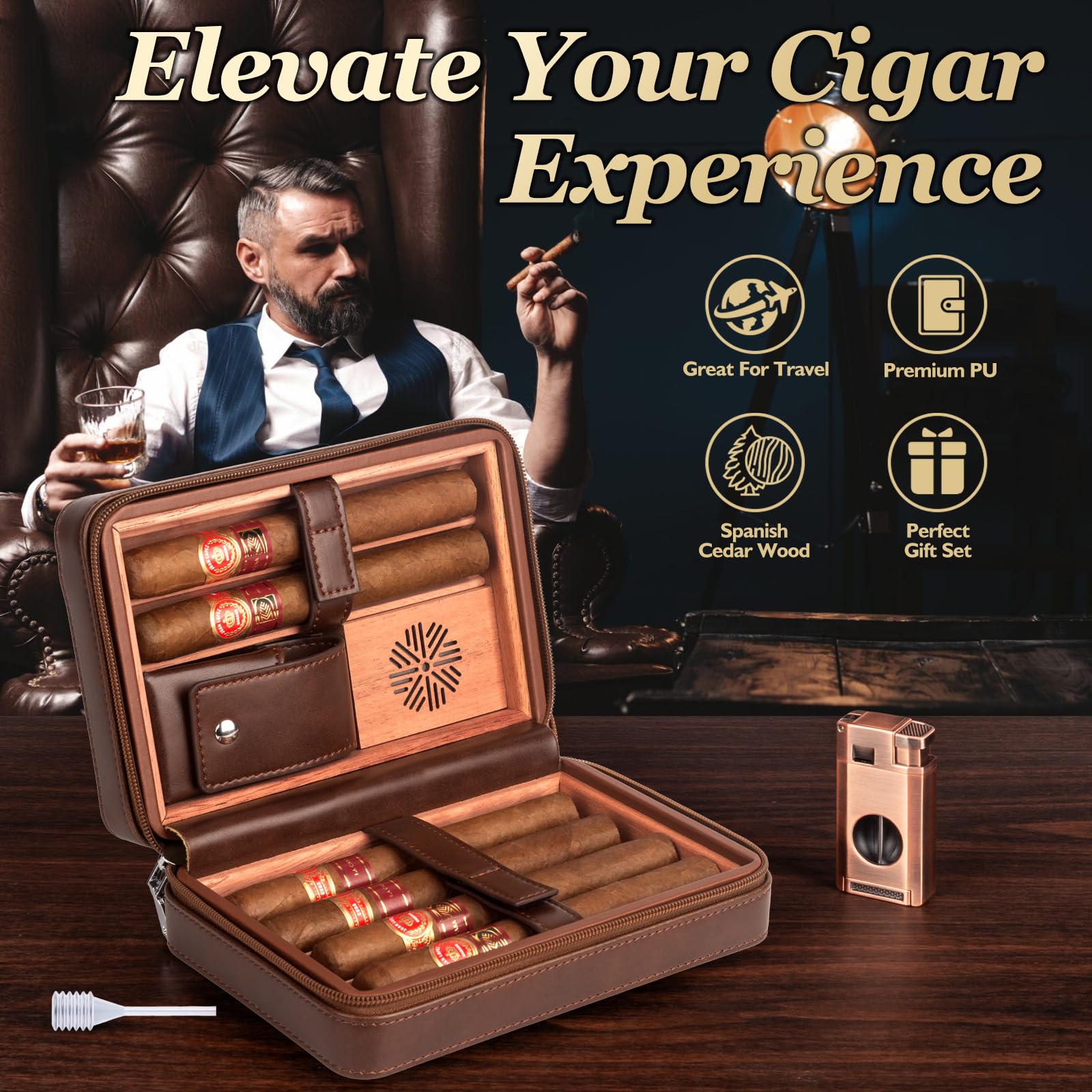 Humidor do cygar, skórzana obudowa na cygara z drewna cedrowego, skórzana obudowa na cygara do podróży z zapalniczką do cygar, nawilżaczem, nożyczkami do cygar, dziurkowaniem do cygar 3-w-1 |