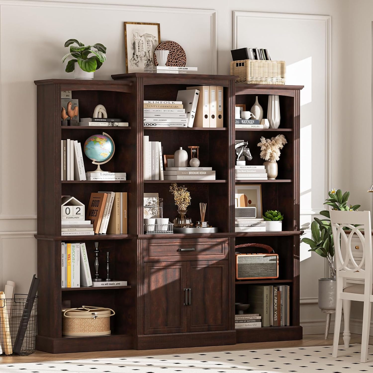 Spurgehom 70" Bookshelf and Bookcase with Doors Large Bookshelf with Drawers, Farmhouse Bookcase with Storage Cabinet, Standing Display Storage Bookshelf for Home Office, Brown
