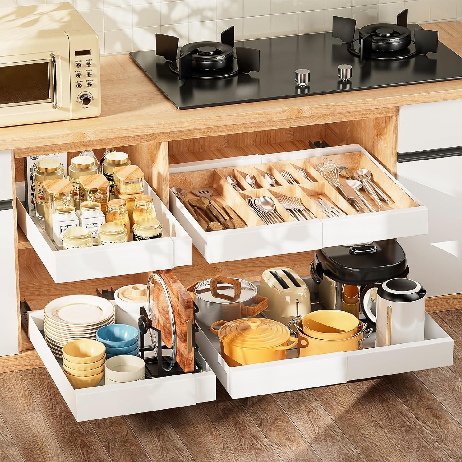 Sprifityy Cassetto telescopico,Armadio da Cucina Ripiani organizer estraibile in acciaio al carbonio,larghezza del cassetto regolabile 32-52 cm,nessuna perforazione, chiodi necessari (bianco)