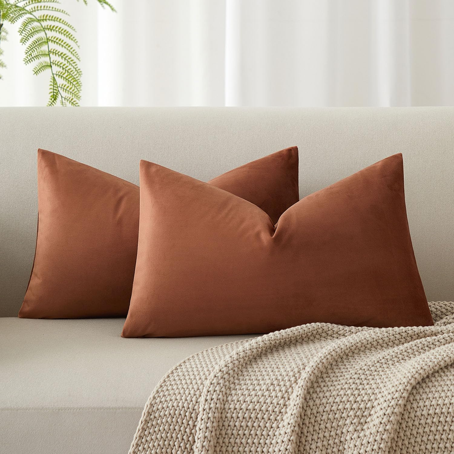 JUSPURBET 12x20 Lumbar Velvet Throw Pillow Covers Set of 2,Mocha Mousse