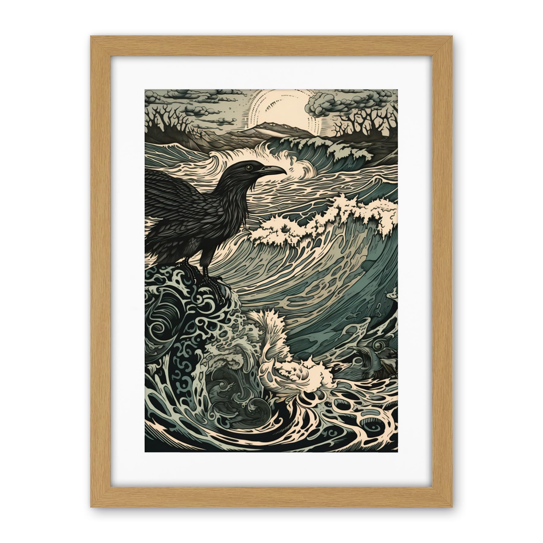Artery8 Raven and Crashing Waves Coastal Sunrise Landscape Artwork Framed Wall Art Print 18X24 Inch
