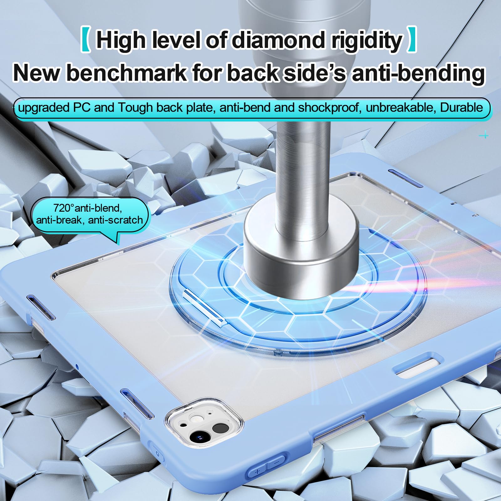 Custodia in silicone resistente per tablet iPad Pro 11" 2024, custodia antiurto Crystal Armor Series con portamatite, supporto girevole in titanio con anello grande da appendere