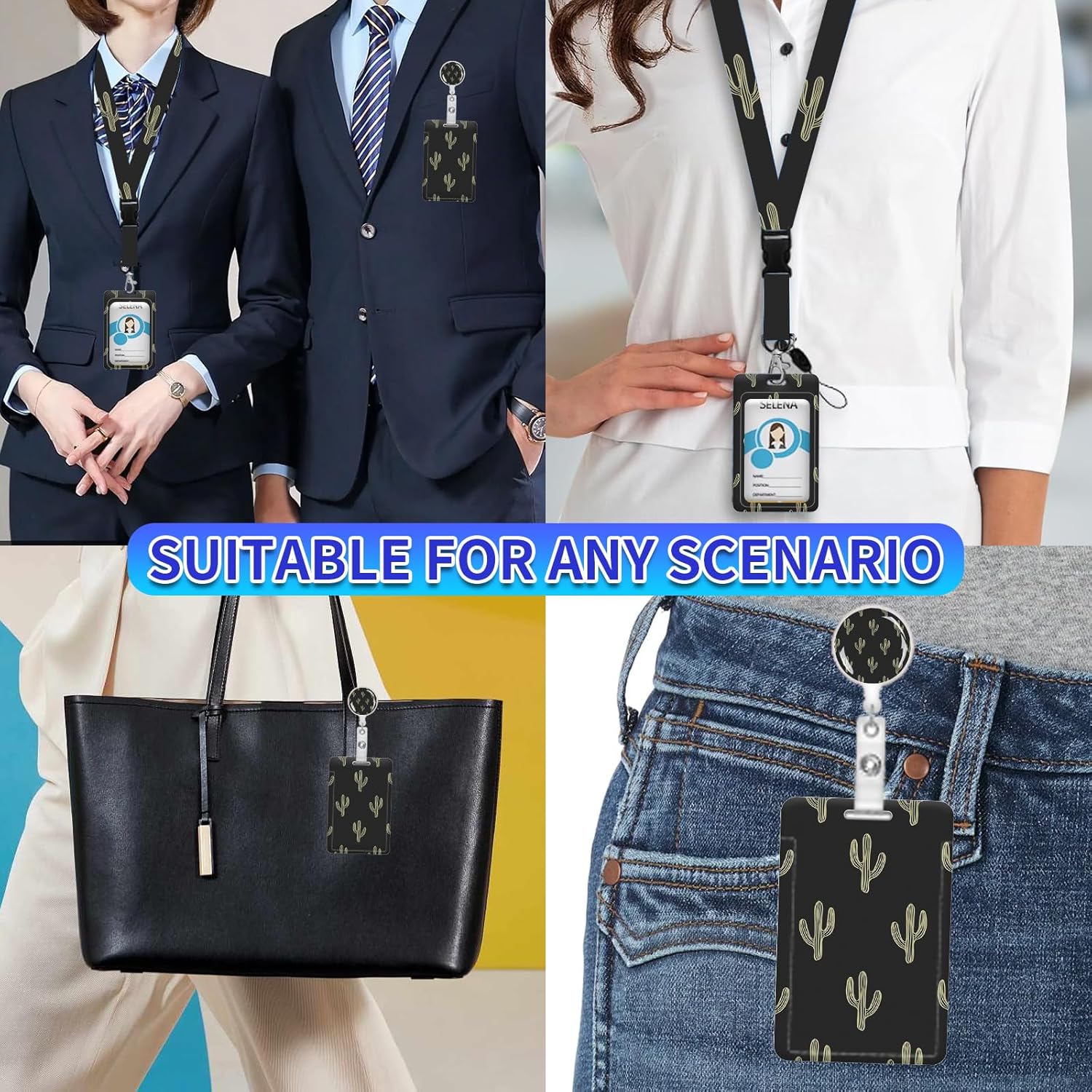 ID Badge Holder with Lanyard, Retractable Badge Holders Reels with Lanyards Adjustable, for Women Kids Teacher Nurses Doctor Student Gifts(Cute Boho Cactus) - Image 2