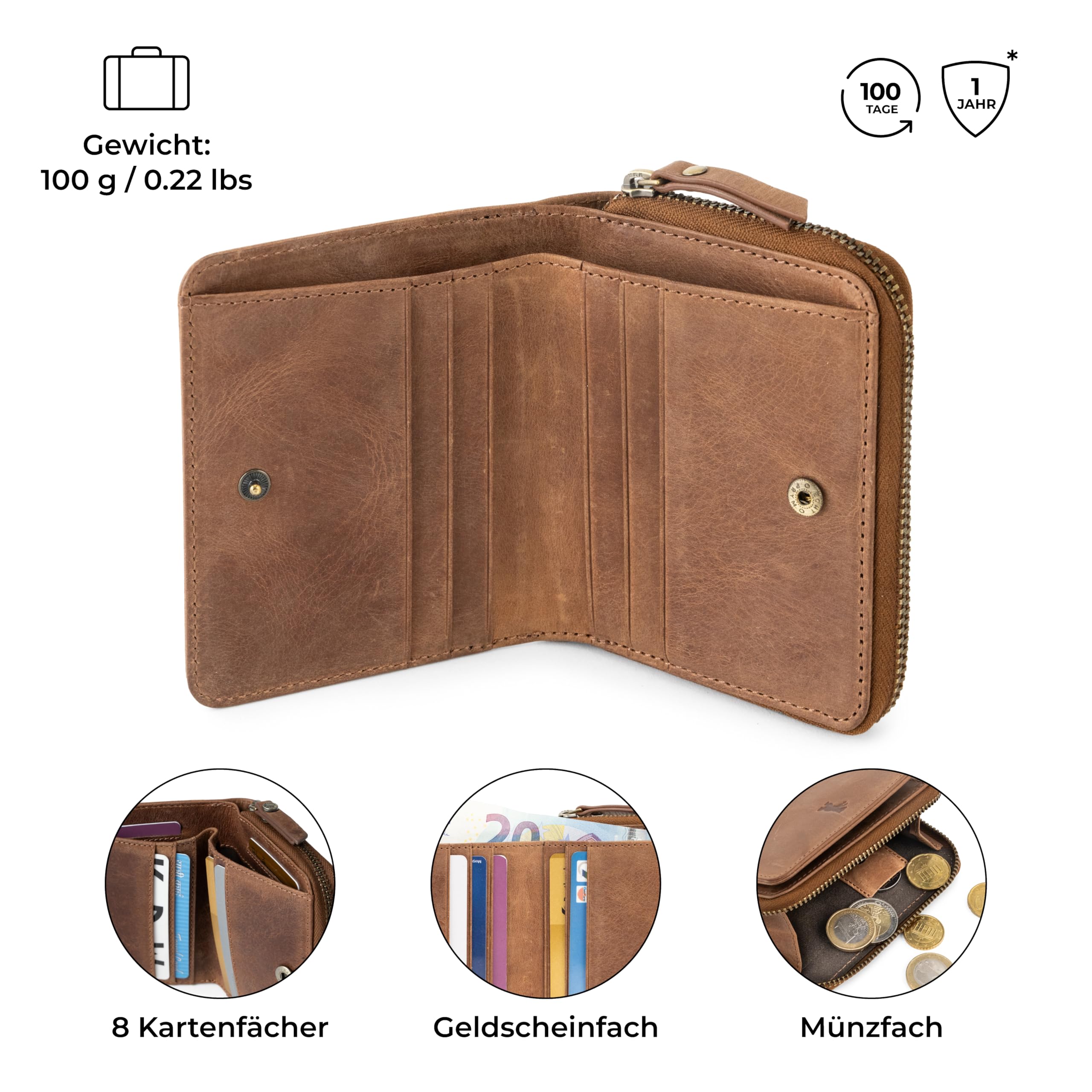 Berliner Bags Vintage Geldbörse Sara, Kleine Portemonnaie aus Leder mit RFID-Schutz, Braun