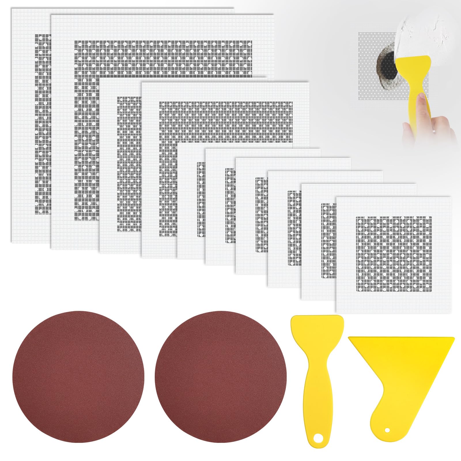 flintronic 14PCS Wall Repair Patch, 2/4/6 inch Wall Repair Kit, Includes 10 Pcs Self Adhesive Walls Hole Filler Patchs with 2 Sandpaper, 2 Scraper for Fixing Walls & Ceilings