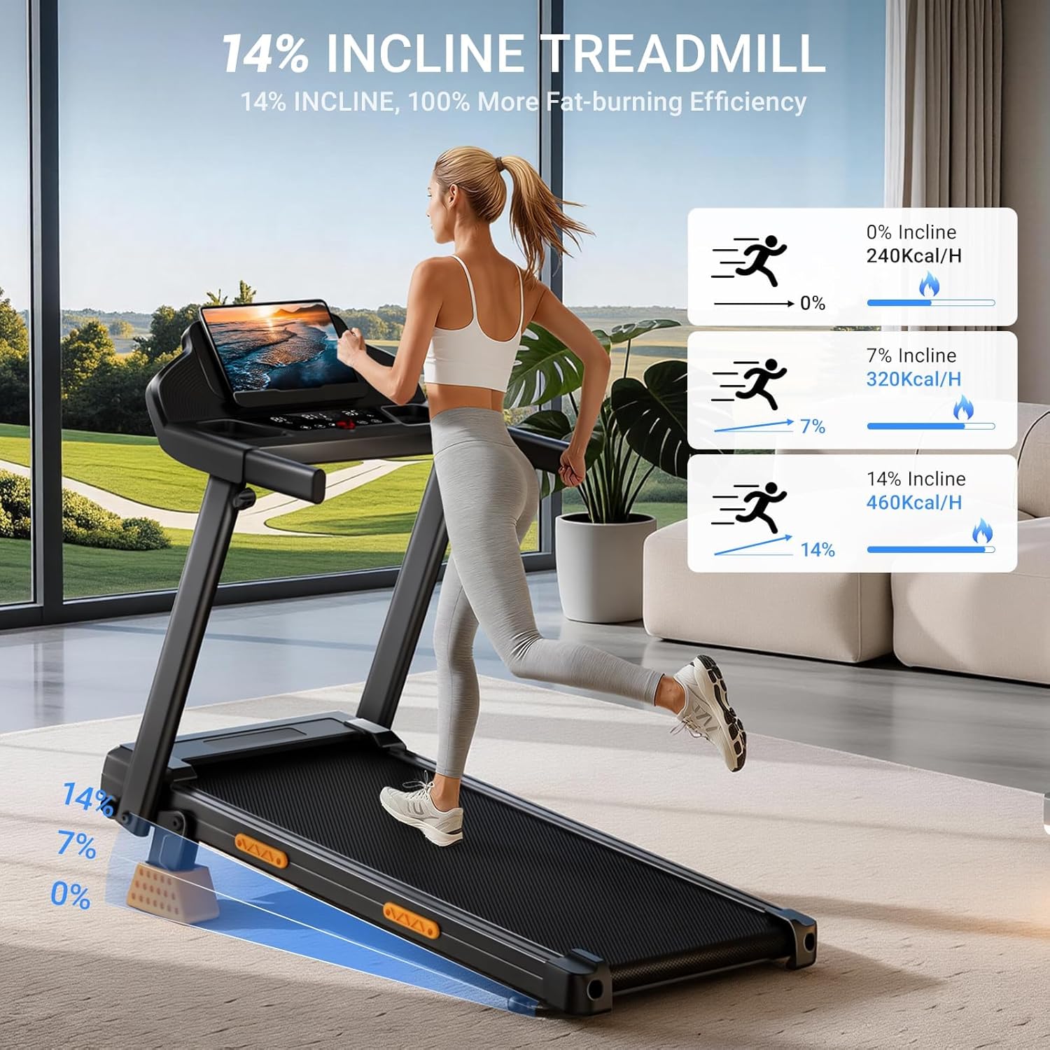 Treadmills for Home with 14% Incline & Led Screen, 3.0HP Quiet Foldable Treadmill with Handle Bar Up to 360lbs Capacity, 7-Layer Shock-Absorbing Walking Pad Treadmill 0.6-7.2MPH