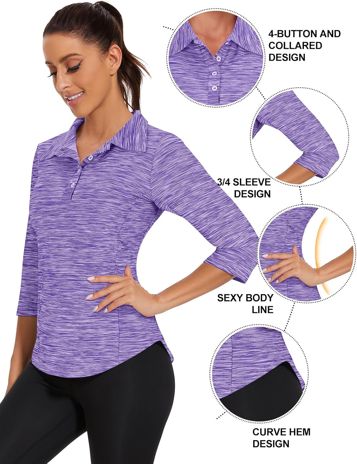 Zamowoty Women's 3/4 Sleeve Golf Tennis Polo Shirts 4-Button Dry Fit Workout Tops Athletic Shirt UPF50+