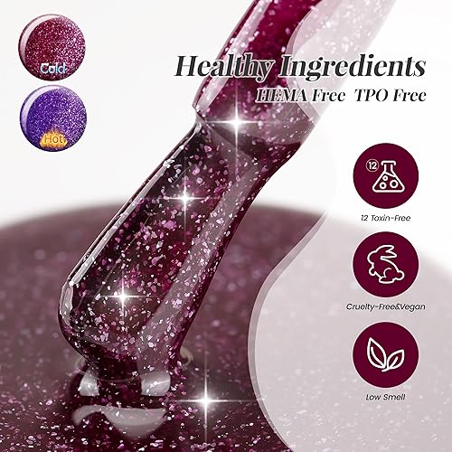 Miniatura 6 de YTD Likomey Juego de 2 esmaltes de uñas de gel que cambian de color, 0.5 onzas líquidas, color morado a rojo vino oscuro, kit de gel de uñas de