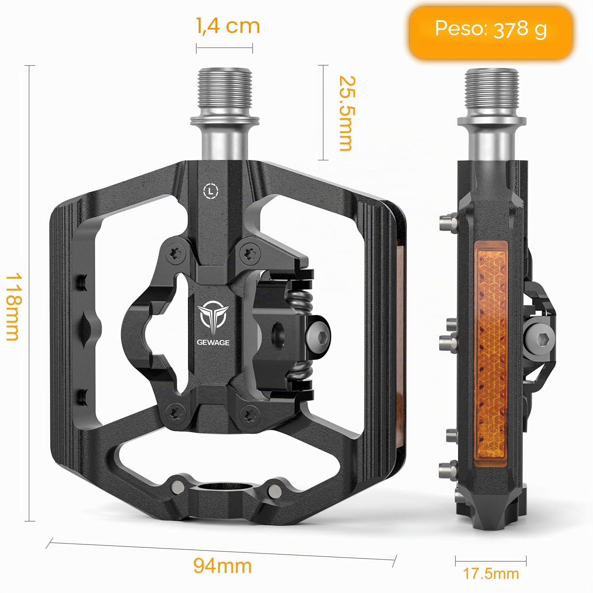 GEWAGE Pedales Automáticos MTB 2 en 1 con Reflectores – Lado Plataforma y Lado de 2 Orificios, Plataforma 110 mm, 3 Rodamientos Sellados, Tensión Ajustable, Rosca 9/16"