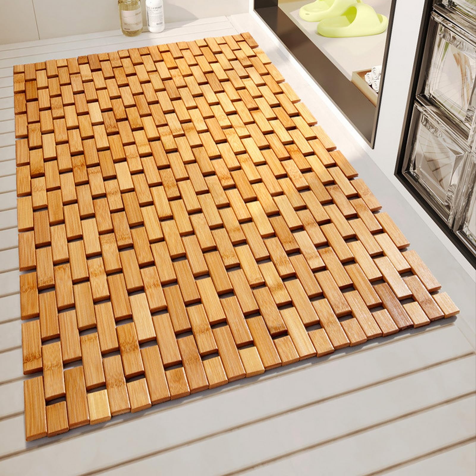 Pedana Doccia bambù, Tappetino per doccia in legno, Tappetino Antiscivolo da Doccia, Vasca e Sauna, Interno, Esterno, Cachi scuro, 50x70cm