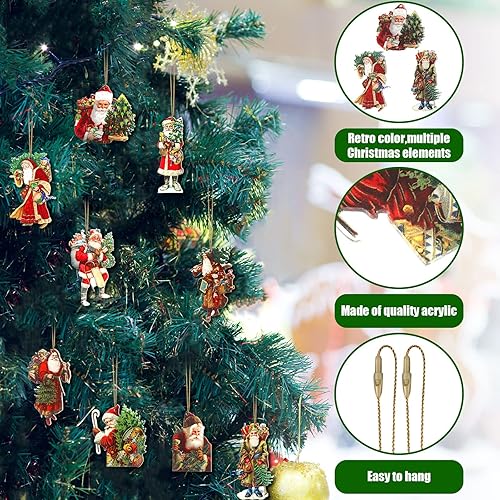 Miniatura 4 de Gerrii 9 piezas de adornos de árbol de Navidad de Papá Noel de estilo victoriano, rústico, nostálgico, retro, decoraciones de árbol colgantes de