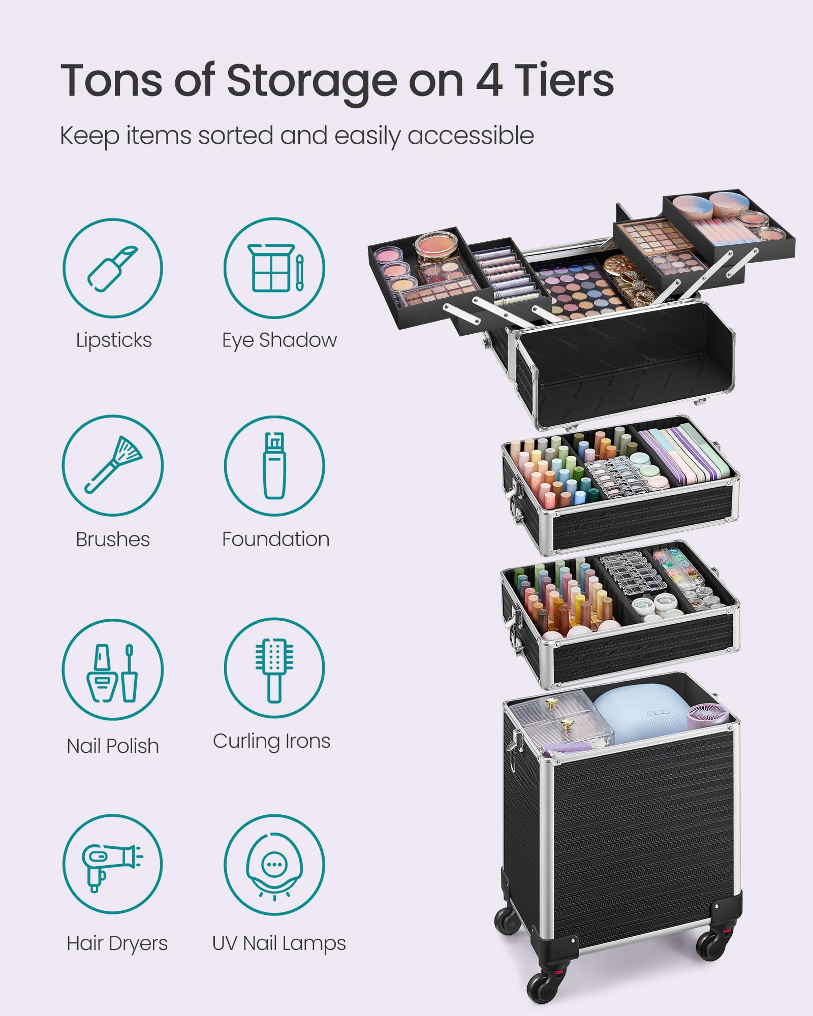 SONGMICS - Maletín de Maquillaje Profesional 3 en 1, maletín cosmético, bloqueable, Ruedas de 360°, para Viajes, manicura, maquillador, peluquería