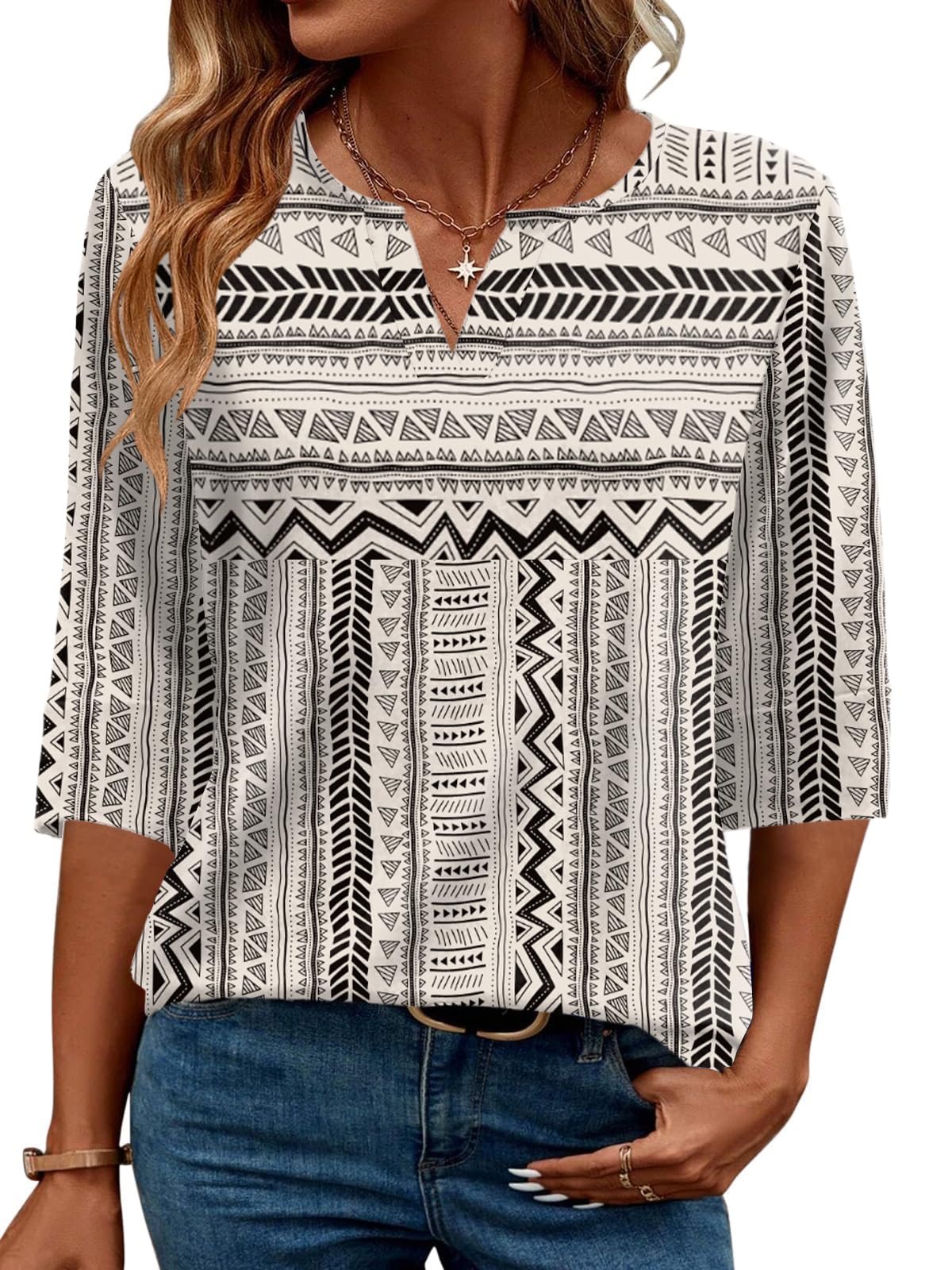 Tisfeer Damen Bluse 3/4 Arm V-Ausschnitt Elegant Lässig Oberteil Tunika Sommer Tops Locker Shirt 2026
