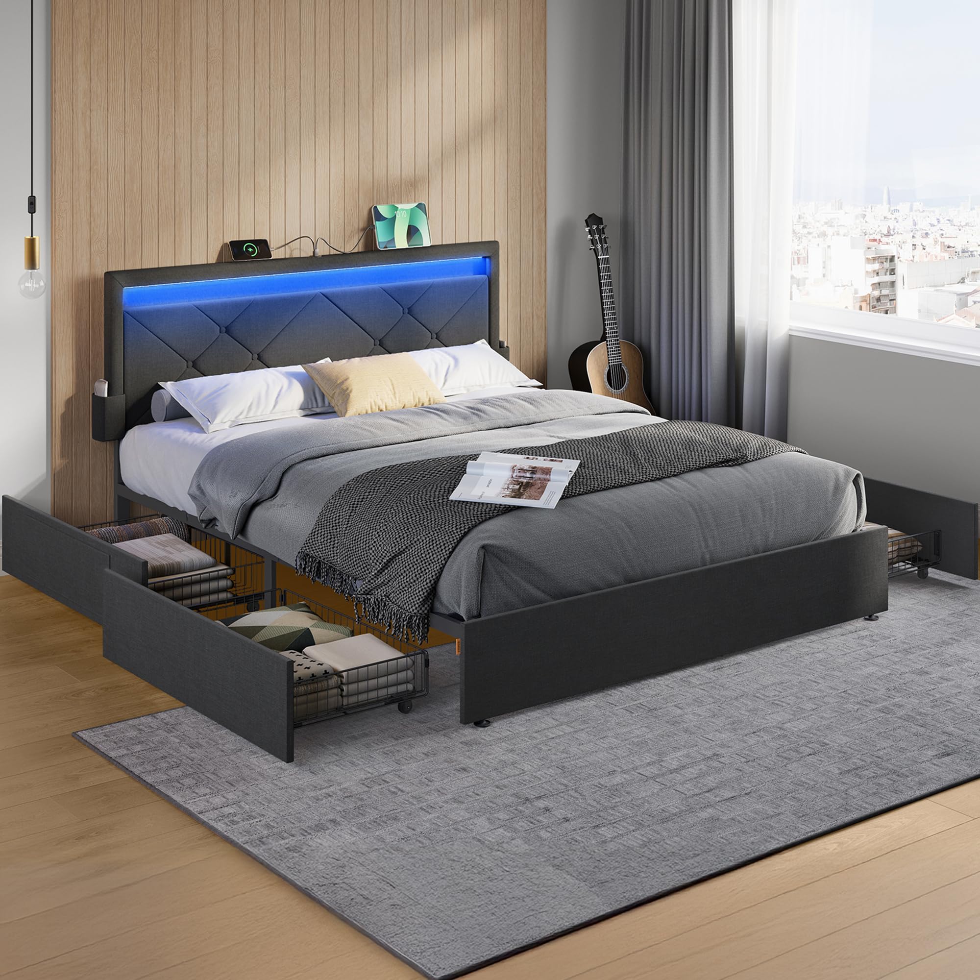 VASAGLE Doppelbettgestell, Bettgestell, passend für 140 x 200 cm Matratze, LED, Metallbett, 4 Schubladen, Ladestation, verstellbares gepolstertes Kopfteil, schiefergrau RMB827G02