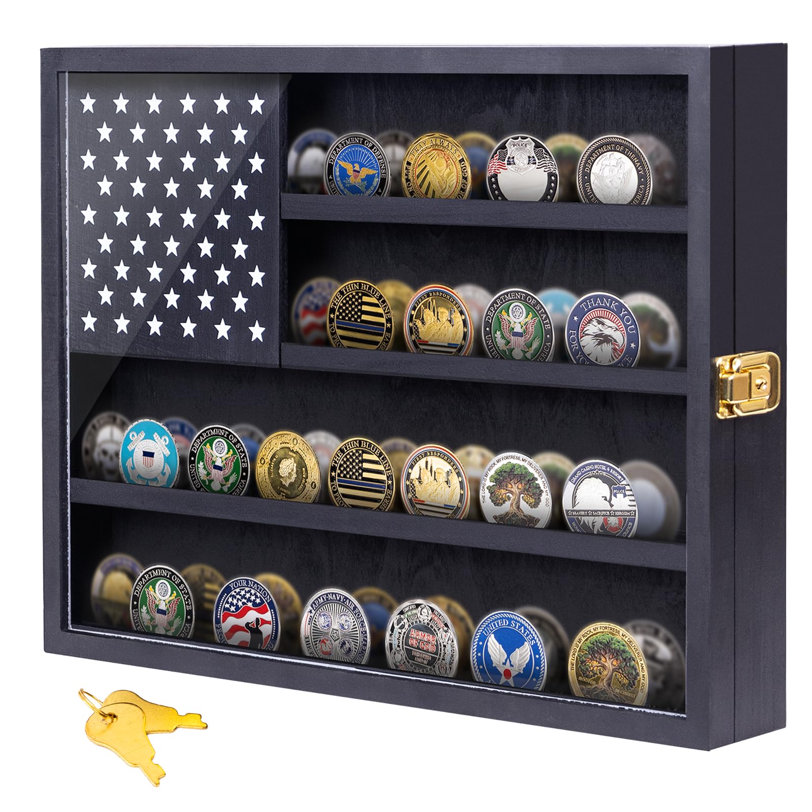 Military Challenge Coin Display Case 16x12 Inch Wooden American Flag Medal Shadow Box with Anti-Fade UHD Acrylic Door