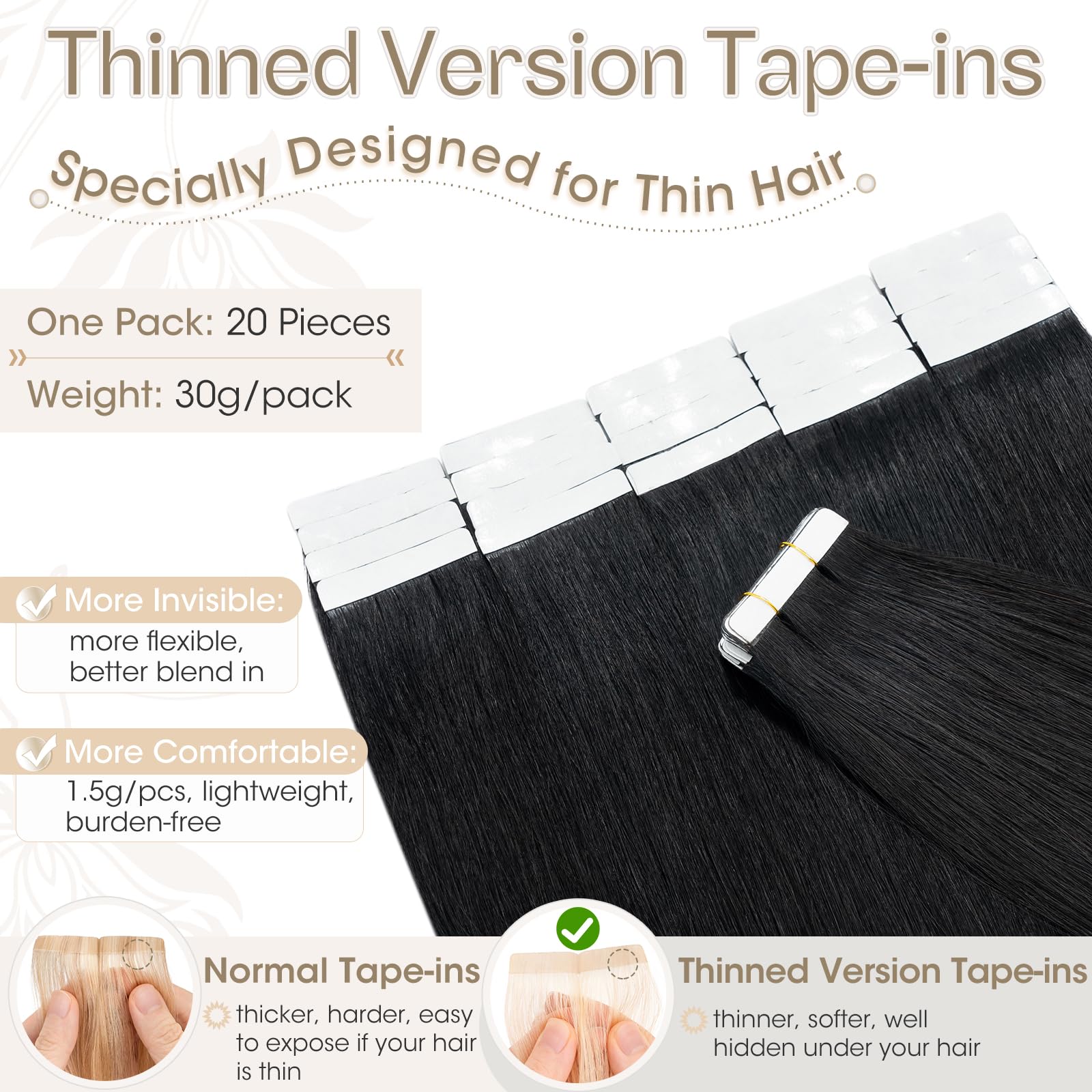Elailite Tape in Hair Extensions Human Hair Thin Type 30g - Image 2