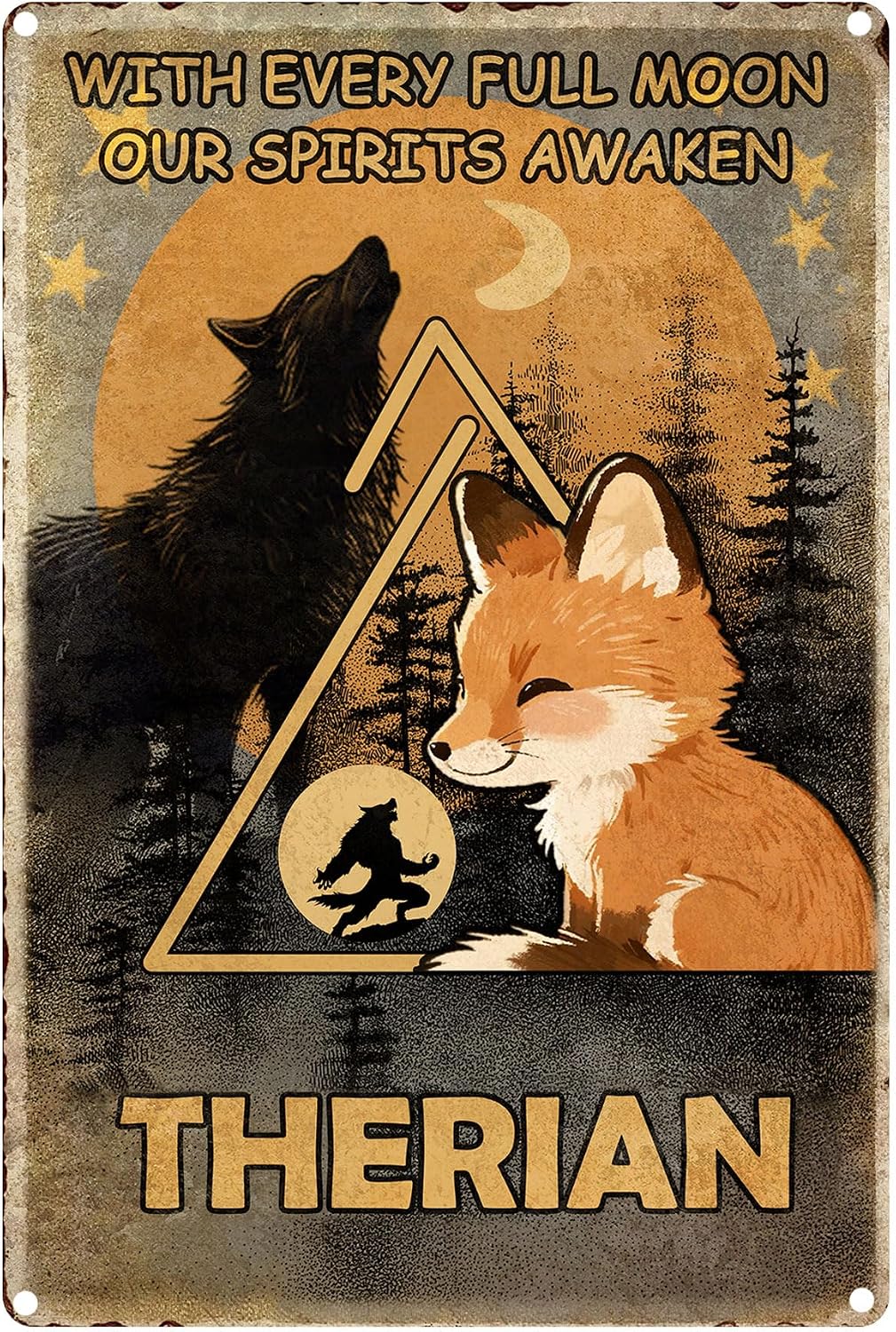 8x12-Inch Therian Aluminium Decorative Sign – Spiritual Awakening Wall Art Showcasing Wolf, Fox & Full Moon Design, Rustic Metal Plaque Suitable for Indoor & Outdoor Display, Perfect for Therian & Nature Enthusiasts