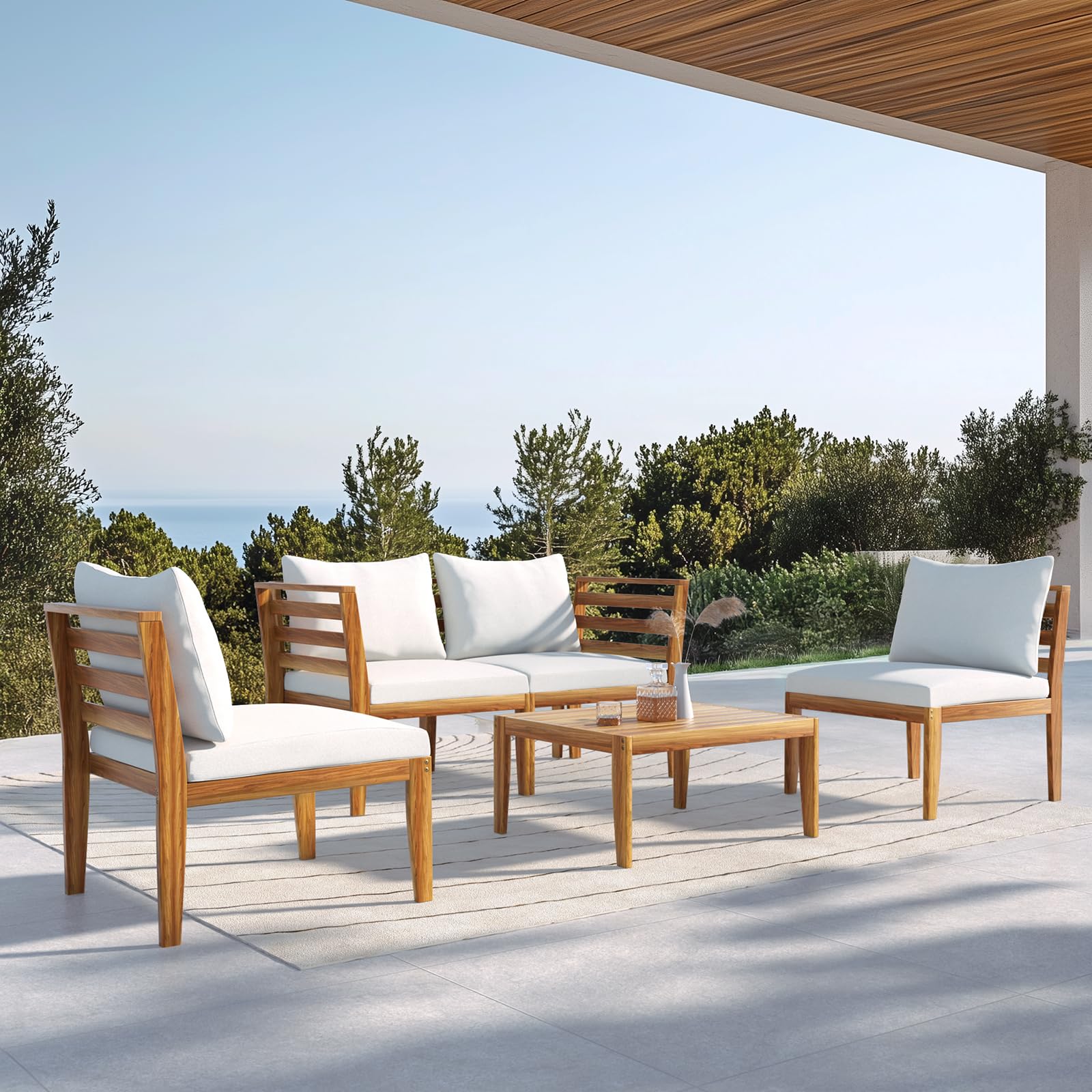 5 Piece Outdoor Patio Furniture Set, Acacia Wood Patio Conversation Sofa Set with Waterproof Cushions, Table & Cushions Porch Chairs for Garden, Deck,