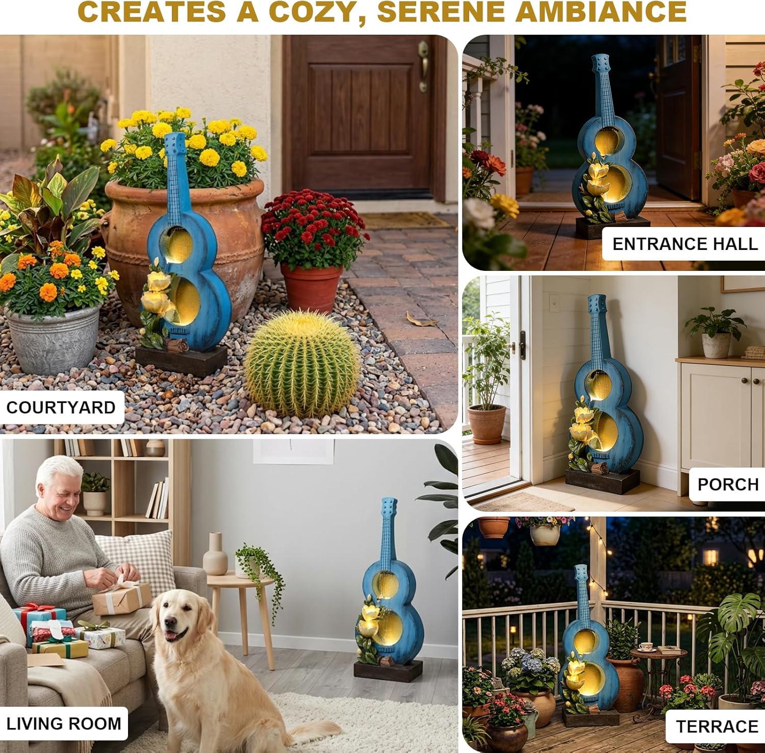 38.2" Tall Guitar Outdoor Water Fountain with LED Lights, Unique 3-Tier Artistic Flower Cascading Floor Standing Waterfall for Garden, Patio, Porch, Backyard and Home Art Decor