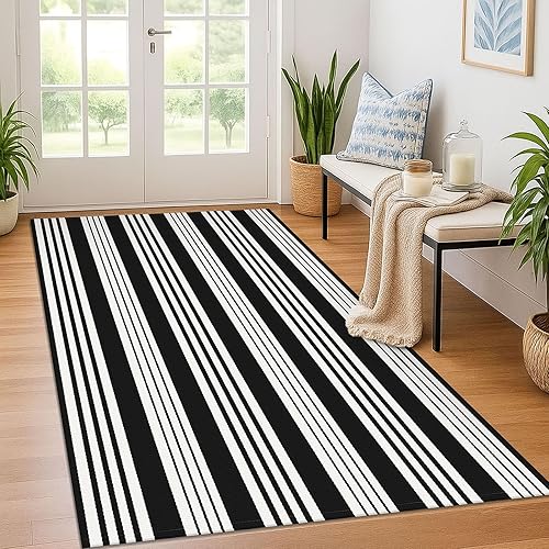 Miniatura 18 de KOZYFLY - Alfombra a rayas para exteriores de 3 x 5 pies, color rojo y negro, alfombra tejida a mano, lavable, tapete para exteriores, para entrada