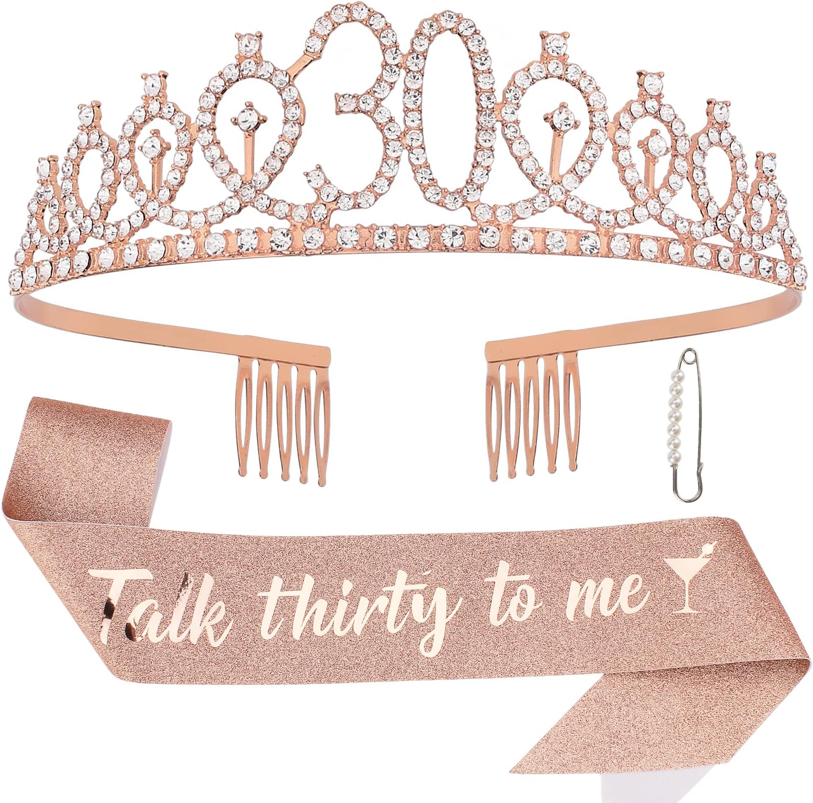 30th Birthday Sash & Tiara Kit- Happy 30th Birthday Decorations for Her 30th Gifts for Women (rose gold)