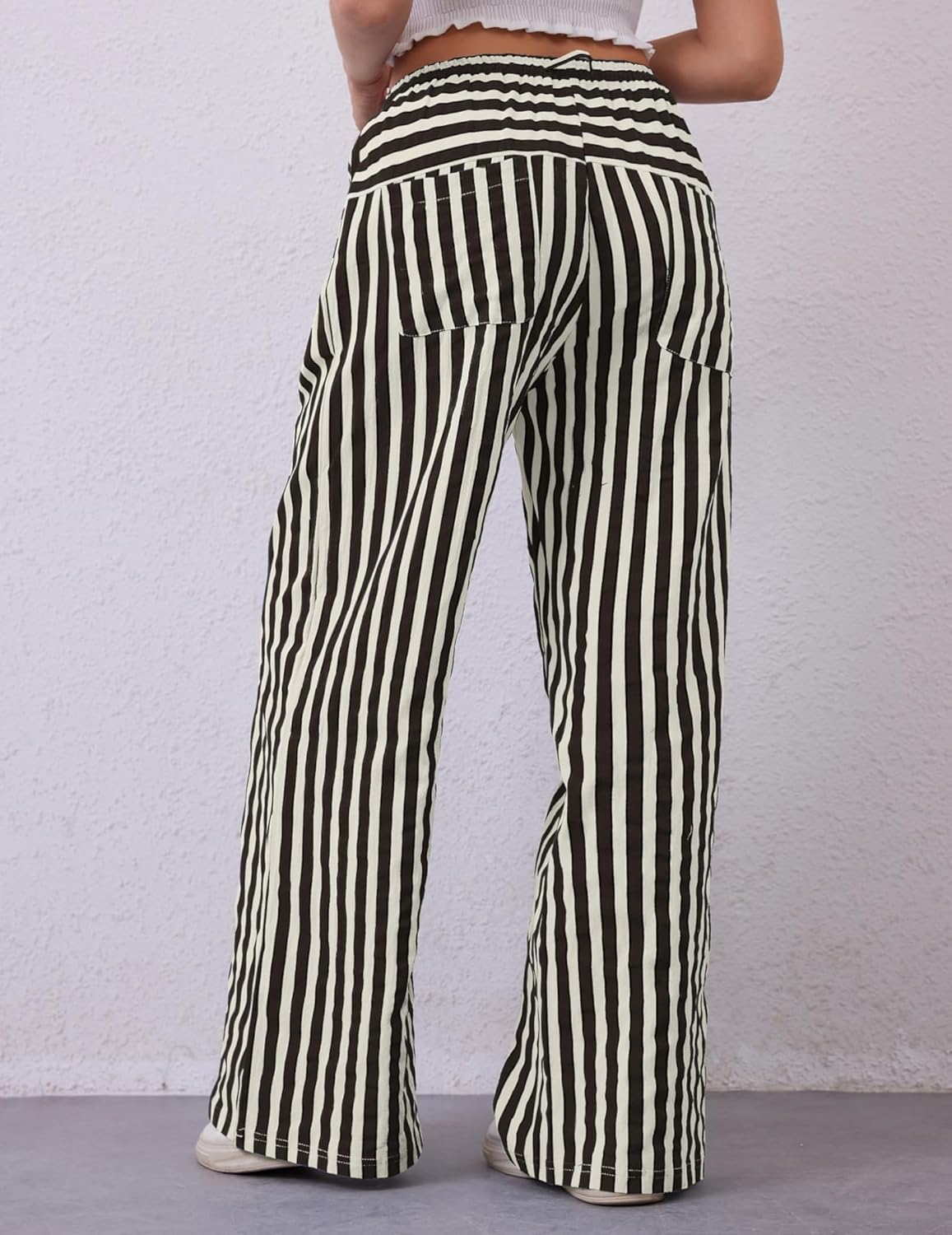 2026 Summer Striped Pants Women Loose Wide Leg Drawstring Pants Lightweight Low Rise Lounge Trousers with Pockets - Image 2