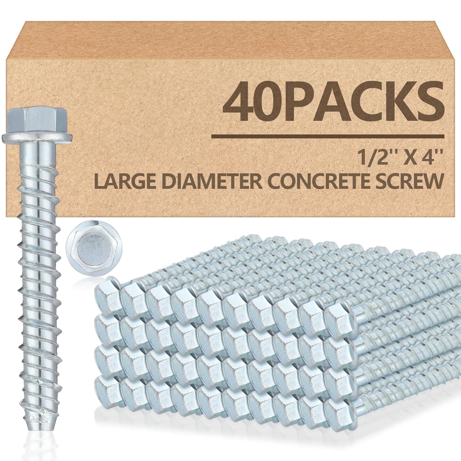 40 Pack 1/2 x 4 Concrete Screw Anchors Galvanized Large Diameter Heavy Duty Plated Concrete Anchors for Masonry Brick Anchoring Block Decking Framing Hex Drive