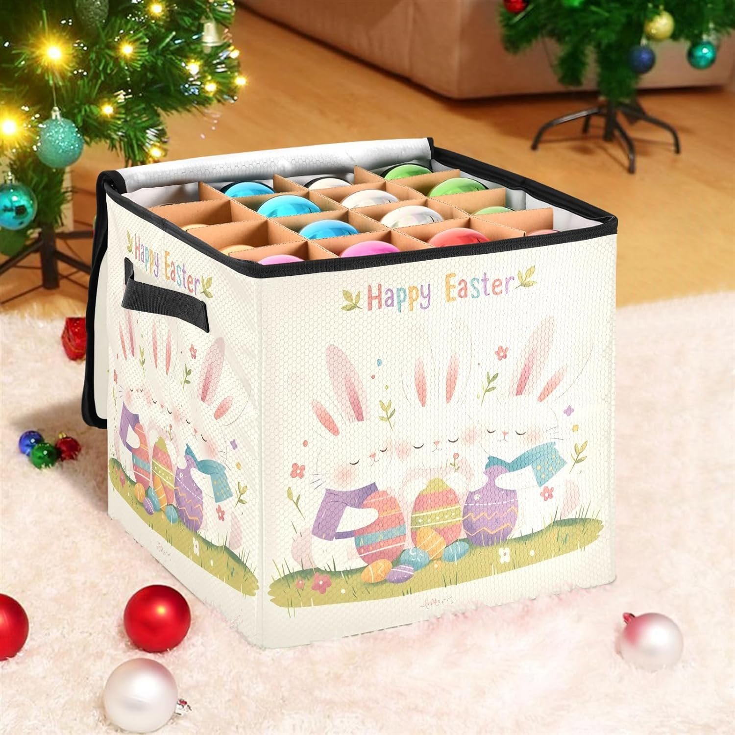 High Capacity Christmas large ornament storage Holds Up to 64, Adjustable Dividers, Zippered Top, Two Handles sturdy Holiday Storage Case with Lid,Happy Easter Cute Bunny White