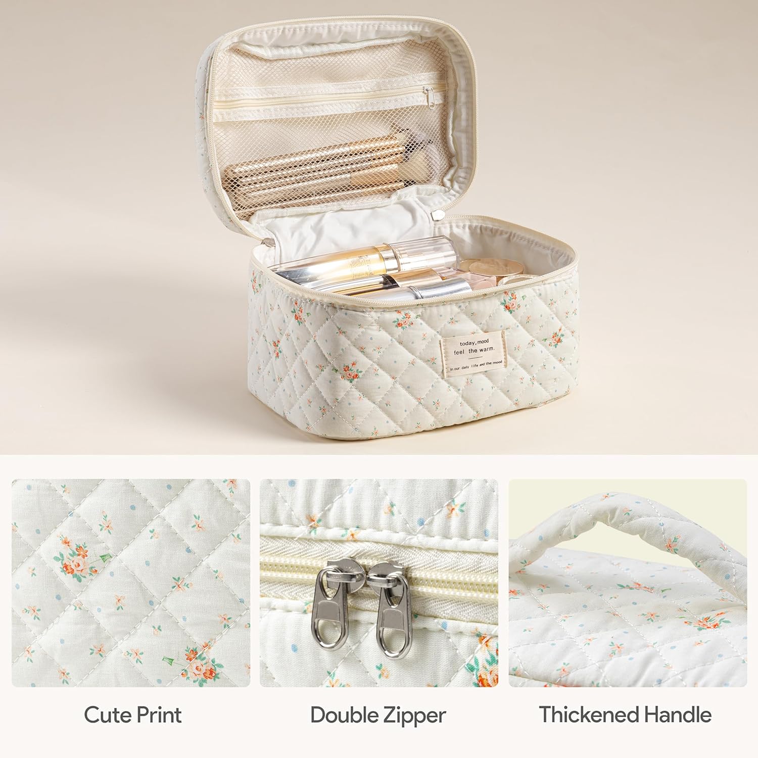 HBselect Quilted Makeup Bag, 3PCS Cotton Large Travel Makeup Bag, Cute Floral Coquette Make up Bag Cosmetic Bag Toiletry Bag for Women Girls - Image 2