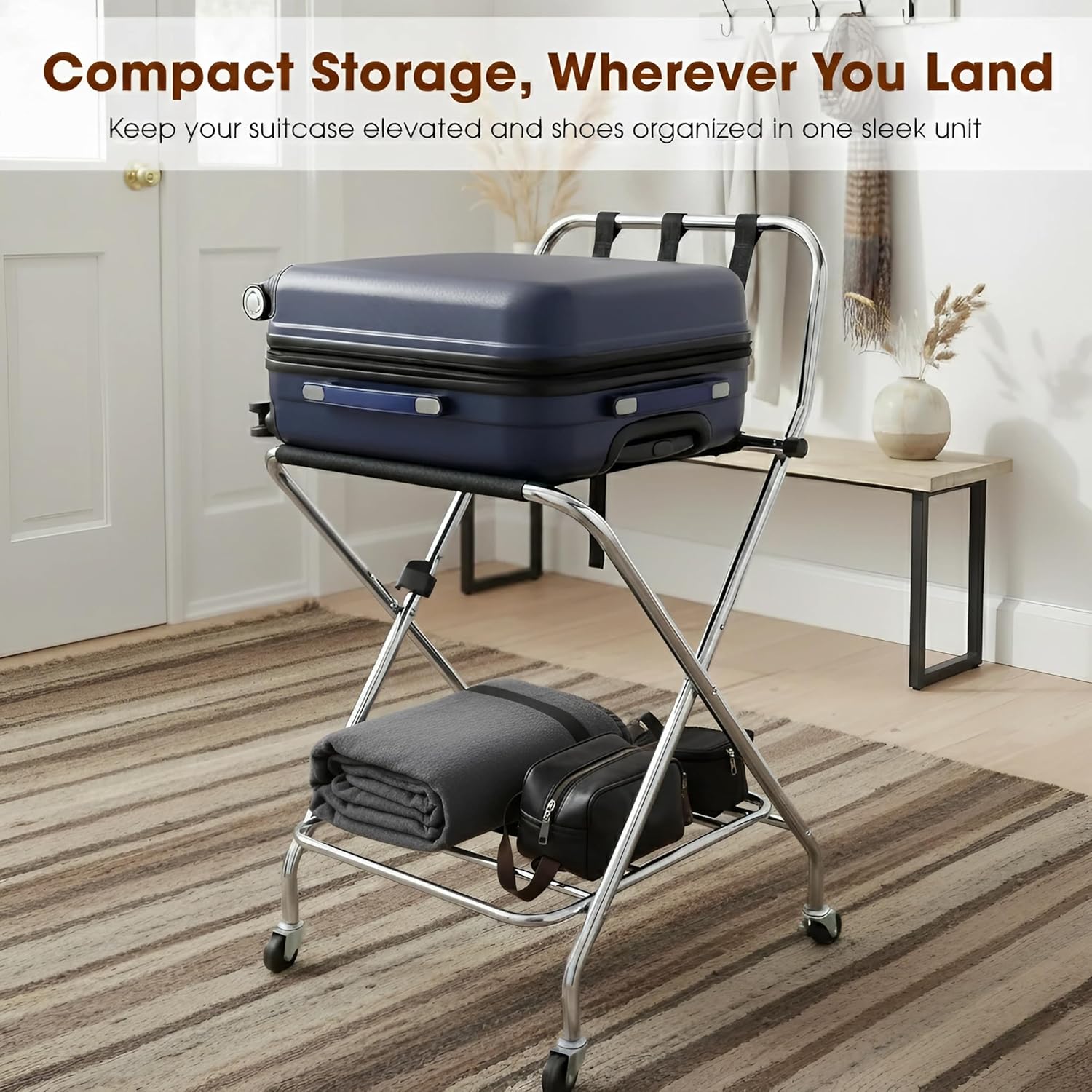 Foldable Luggage Rack with Wheels for Guest Room - Metal Frame Folding Suitcase Stand With 2 Shelves - Portable Luggage Storage Rack - Easy Assembly Suitcase Holder for Hotel, Travel and Bedroom