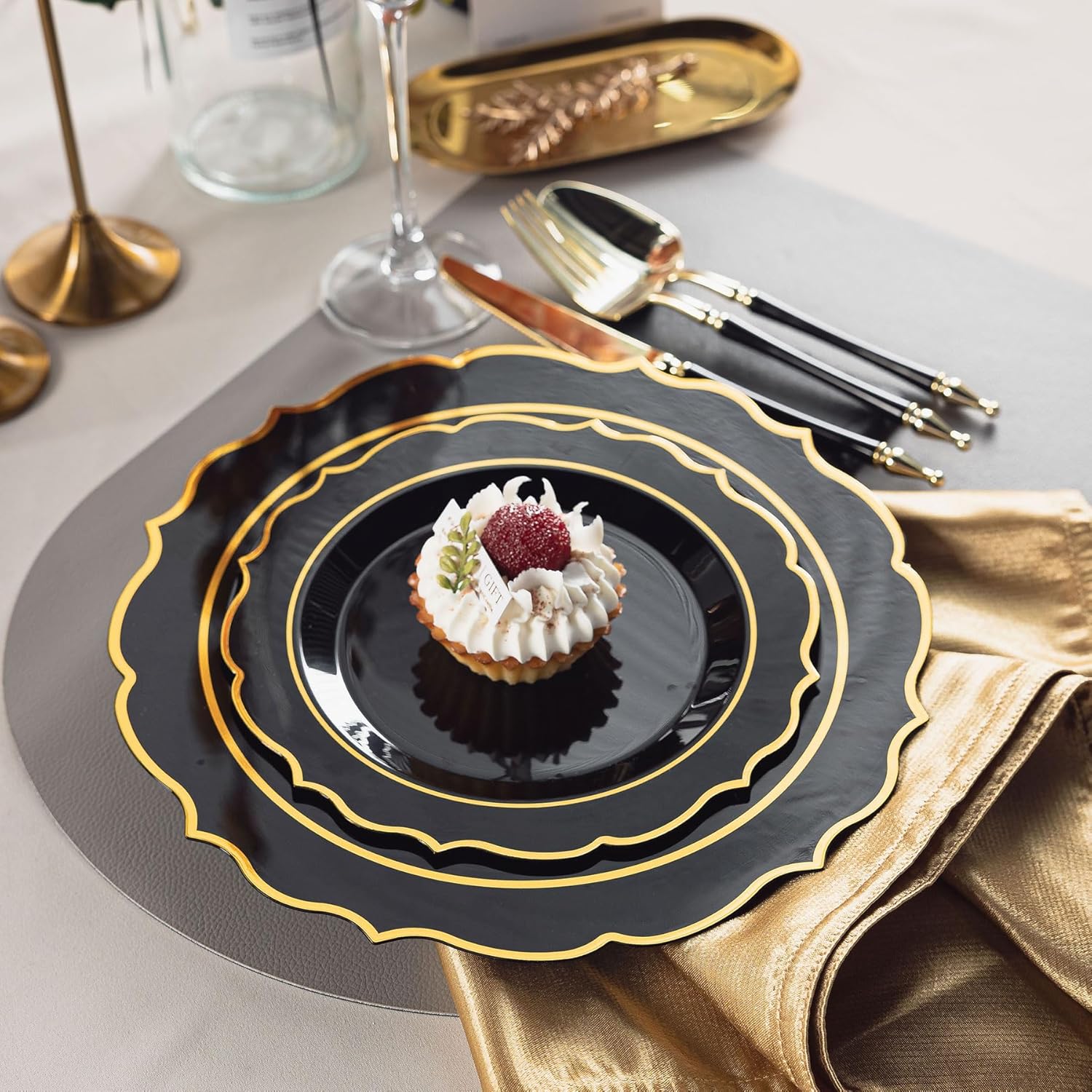 120PCS Black Plastic Plates, Disposable Elegant Party Plate with Gold Rim, Heavy Duty 60 Dinner and 60 Dessert Fancy Plates for Party and Wedding - Image 5