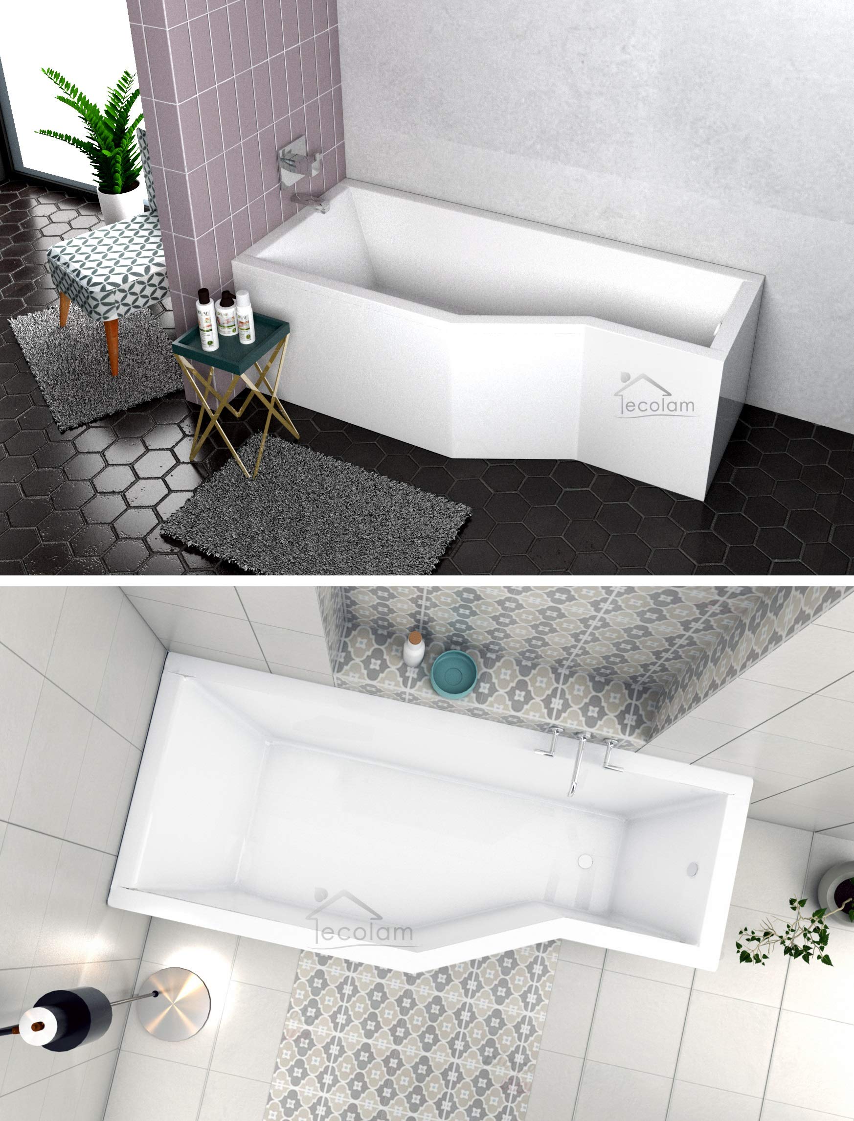 ECOLAM Duschbadewanne Set Badewanne + Badewannenabtrennung Duschwand Eckbadewanne Integra 170x75 cm LINKS Acryl weiß + Schürze Ablaufgarnitur Ab- und Überlauf Automatik Füße Silikon raumsparend