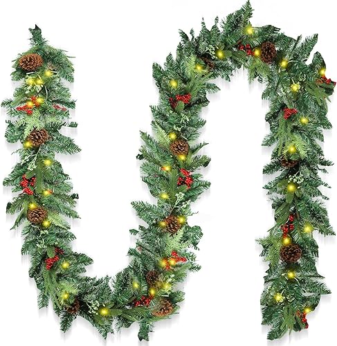 Guirnalda de Navidad de 6 pies con luces, guirnalda preiluminada de Navidad con bayas rojas, guirnaldas de Navidad a pilas con agujas de pino para