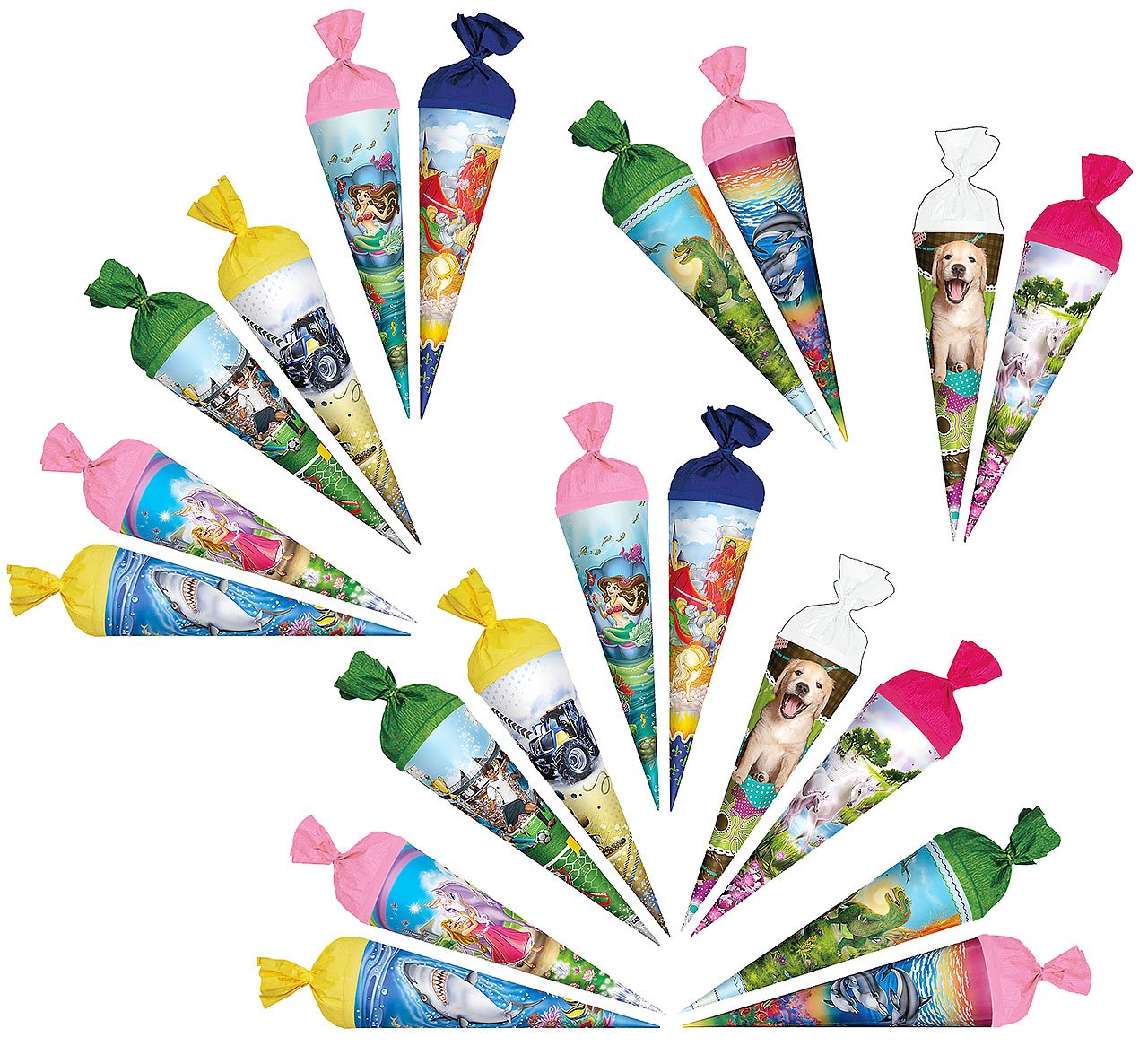 alles-meine.de GmbH 20 TLG. Set Schultüten - 15 cm - rund - Geschenktüten - klein/Anhängetüte zum Aufhängen - Dekoration z.B: für Zuckertüte Deko/Tischdeko für Schulanfang ..