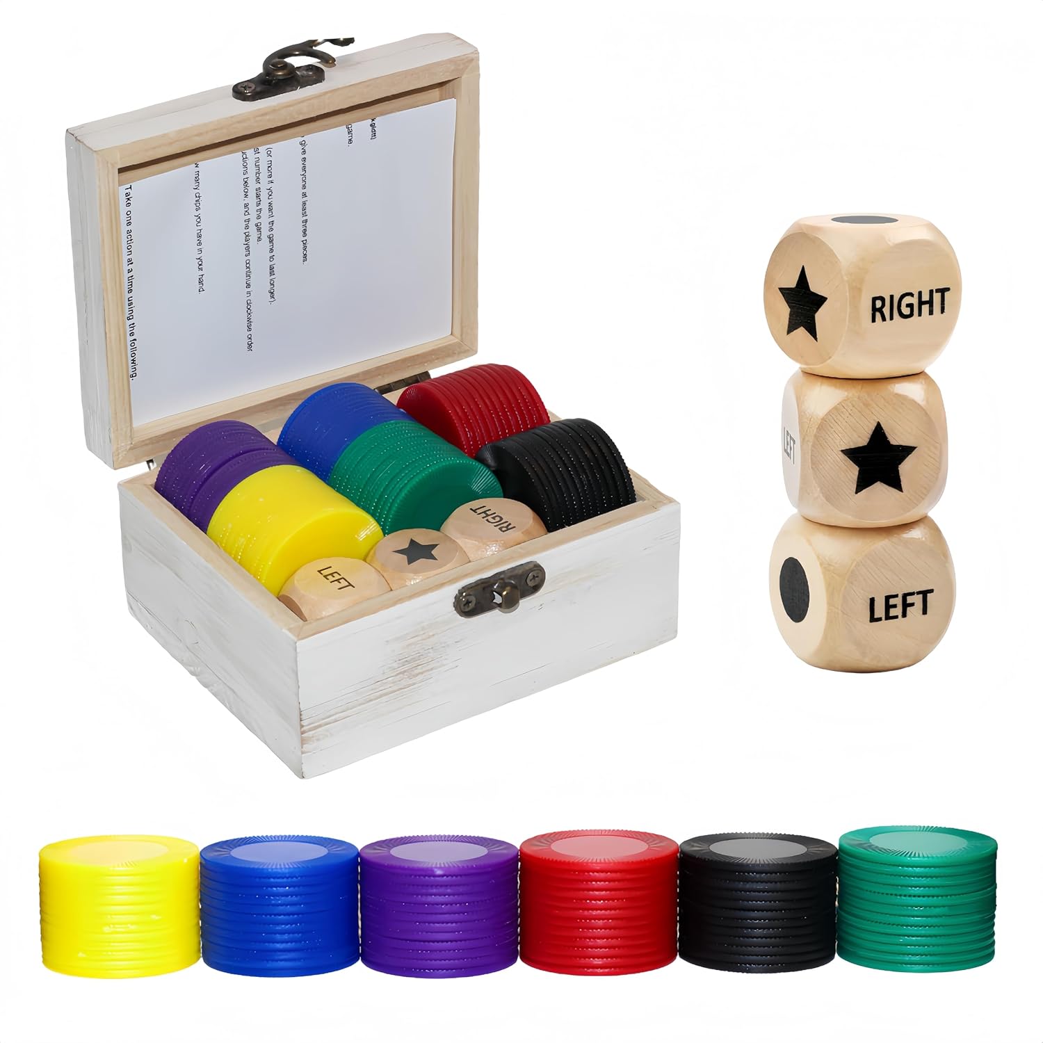 Left Right Roll Dice Game Set - 3 Wooden Dice & 72 Chips in Wooden Box | Portable Travel Party Game for Family, Friends, Adults (White)