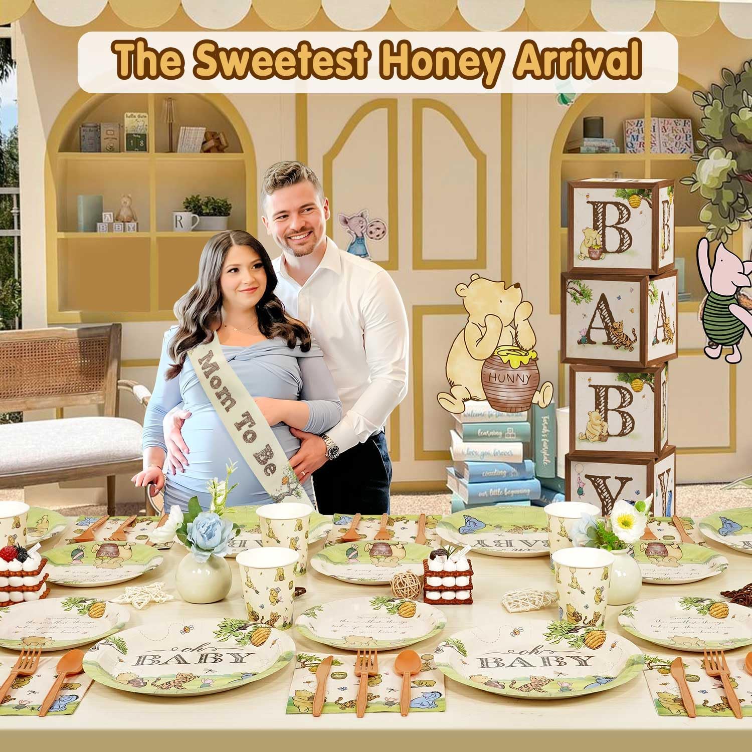 175Pcs Classic Winnie Bear Baby Shower Decorations Plates Cutlery Set, Vintage Pooh Bear Oh Baby Plates Napkins Cups Cutlery Set for 25 Guests Boys Girls Winnie Quotes Gender Reveal Decorations