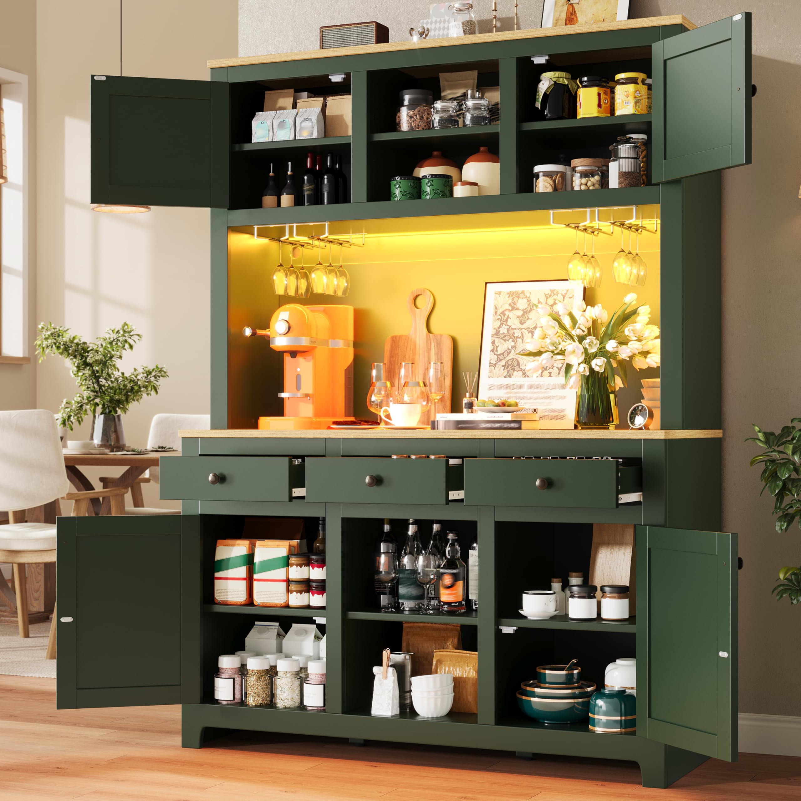 Merax Küchenschrank 180cm hoch mit LED, Hochschrank Sideboard für Küche mit Arbeitsplatte, Buffetschrank mit Verstellbare Einlegeböden & 4 Rattantüren & 3 Schubladen & Weinglasregal, Kippschutz, Grün