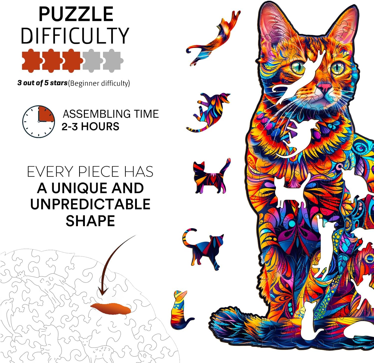Jigfoxy Wooden Puzzle for Adults, Cat Wooden Jigsaw Puzzles for Adults, Unique Animal Shape Wood Cut Puzzles for Family Friend Puzzle Lovers(L-13.3 * 9in-175pcs)