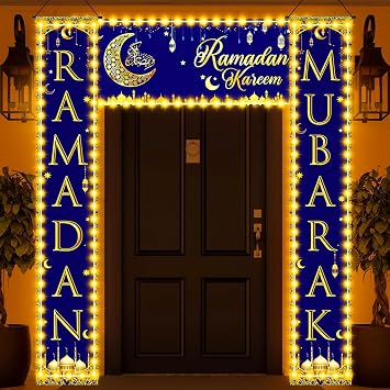 Preboun 3 Pcs Ramadan Mubarak Door Decorations Eid Mubarak Lights Banner with 6 LED Lights Strings Ramadan Porch Sign Banner Couplets for Home Front Door Porch Outdoor