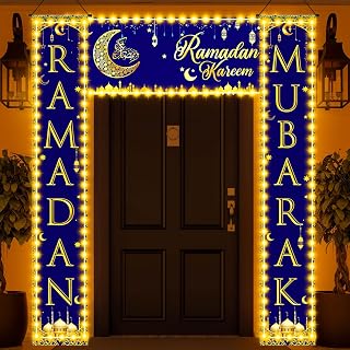 Preboun 3 Pcs Ramadan Mubarak Banner Eid Mubarak Lights Decorations Include 6 Light Strings Ramadan Porch Sign Banner Couplets for Front Door Porch Outdoor