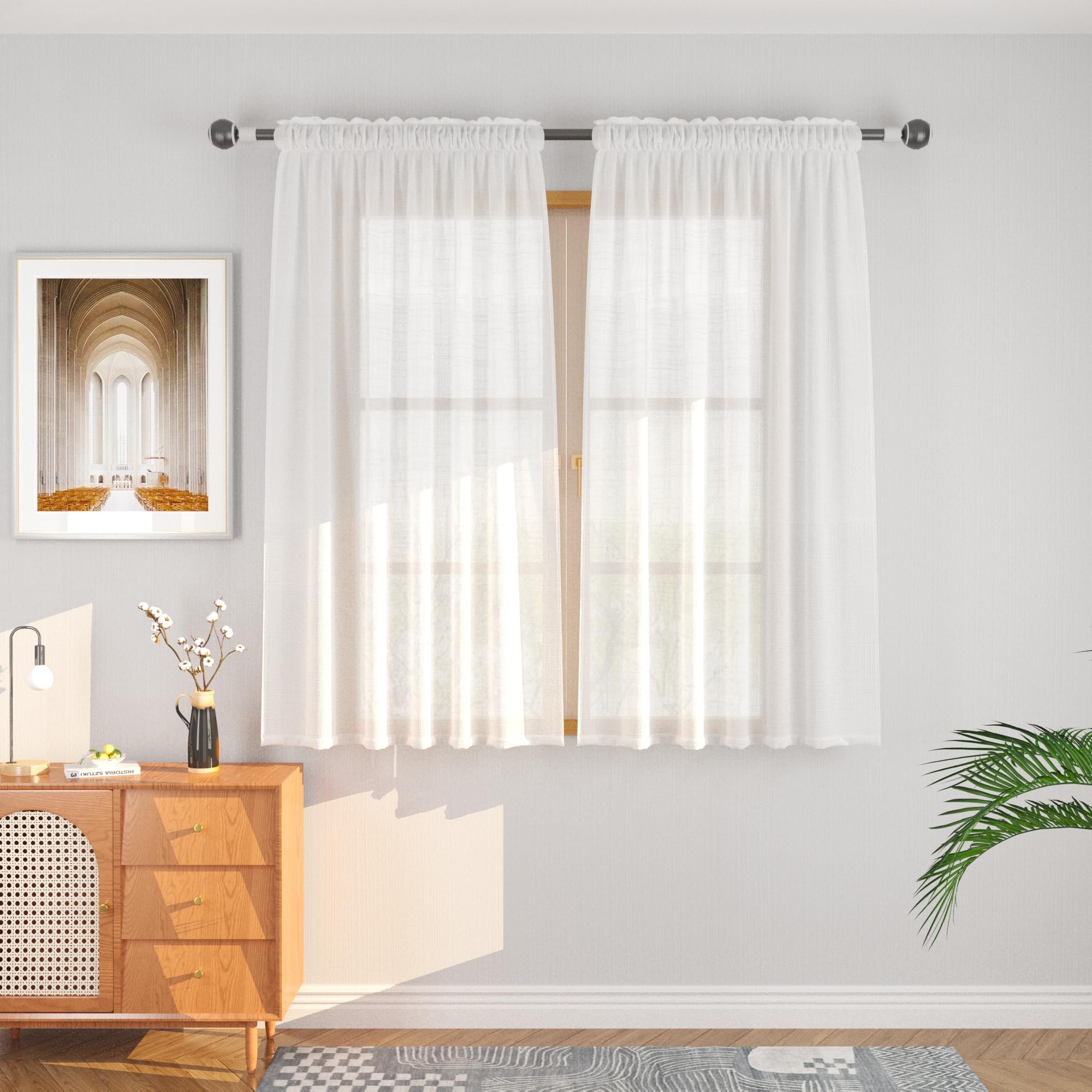 White Sheer Curtains Linen Texured 54 inches Living Room Farmhouse Window Curtain Panels Vintage Rustic Bedroom Open Weave Shear Kitchen Basement Door Bathroom 2 Panels Rod Pocket 52" Wx54 L