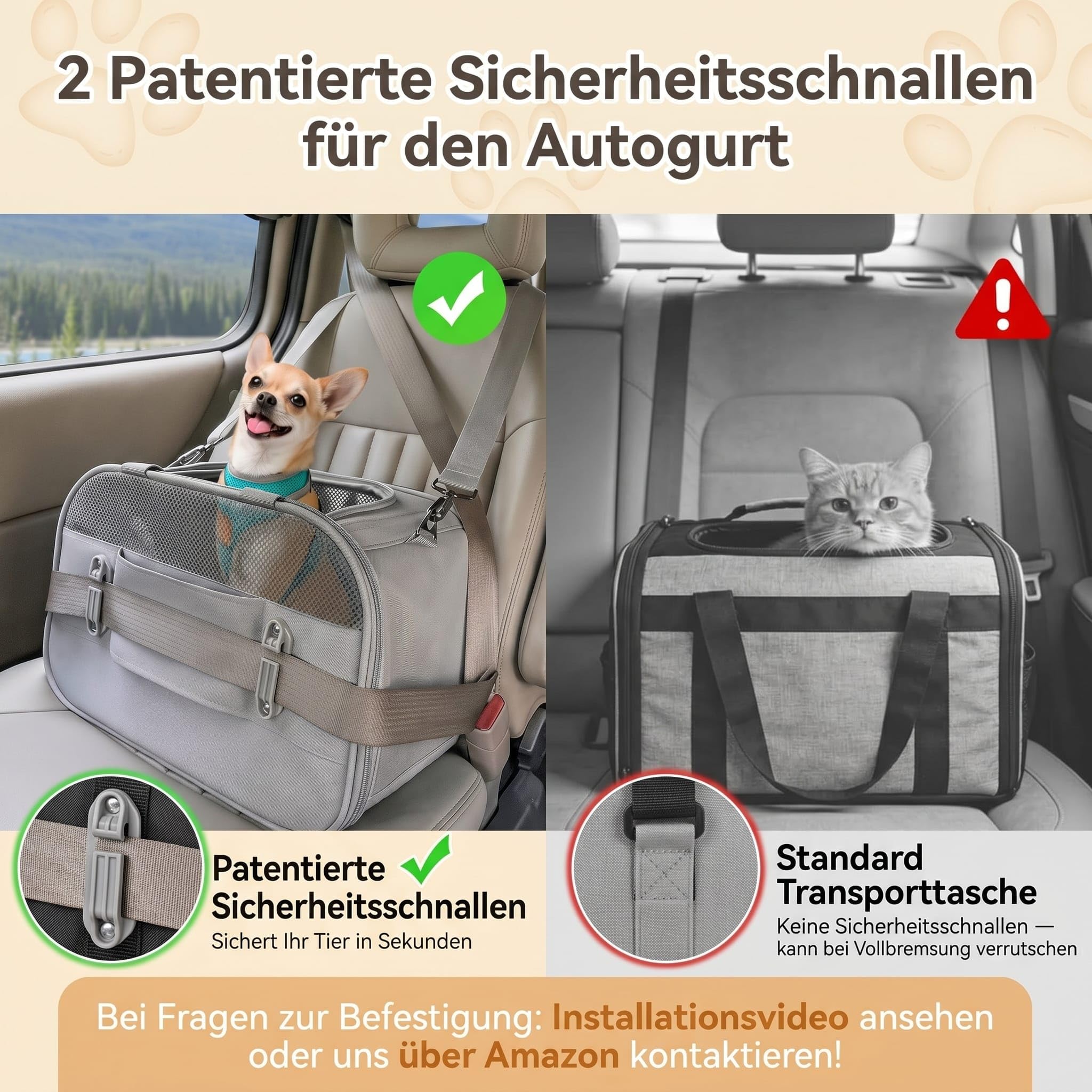 A 4 PET Transportbox Katze mit Auto patentieren Sicherheit Schnallen, Atmungsaktive Hundetasche Transporttasche für Hunde & Katzen bis 7 kg mit Verschließbare Reißverschlüsse & Sicherheitsgurt