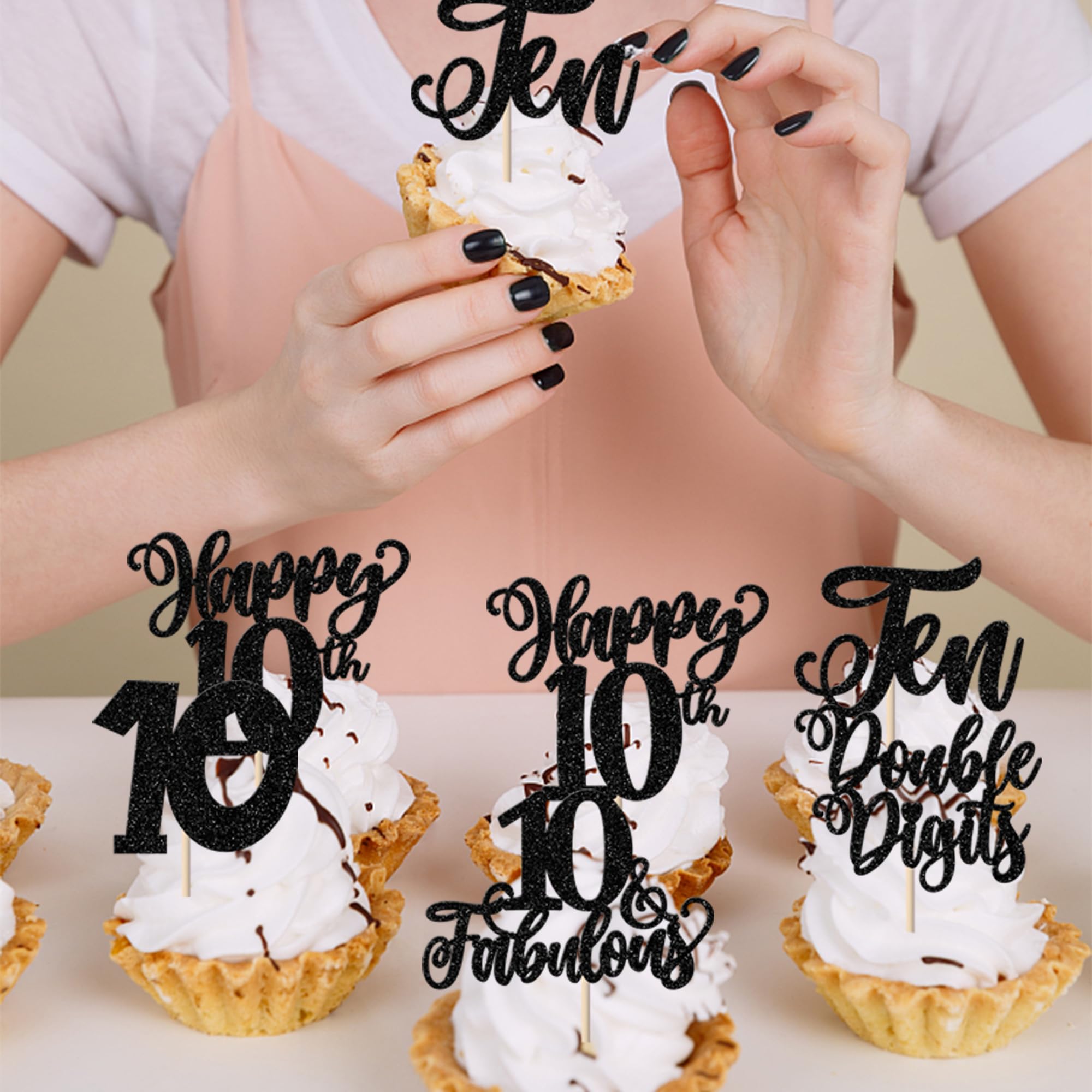 SYKYCTCY 30 Pack Happy 10th Birthday Cupcake Toppers Ten Double Dights Cupcake Picks 10 Fabulous Cupcake Decorations for 10th Birthday Anniversary Party Supplies Black - Image 3