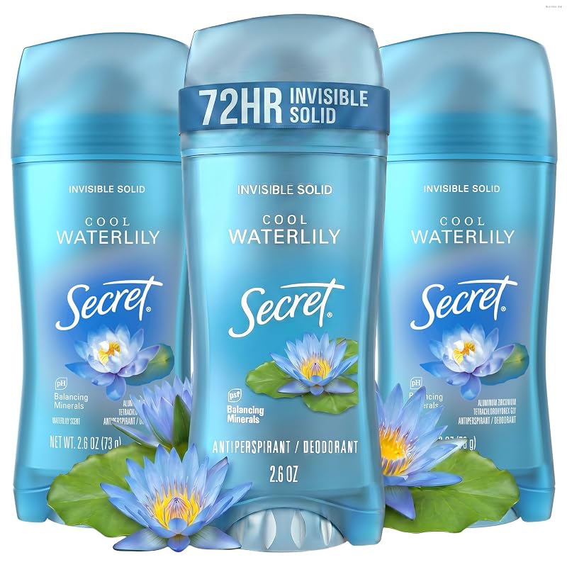 Desodorante antitranspirante Secret Fresh Invisible Solid com fragrância Cool Waterlily, 73 g, Pacote com 3