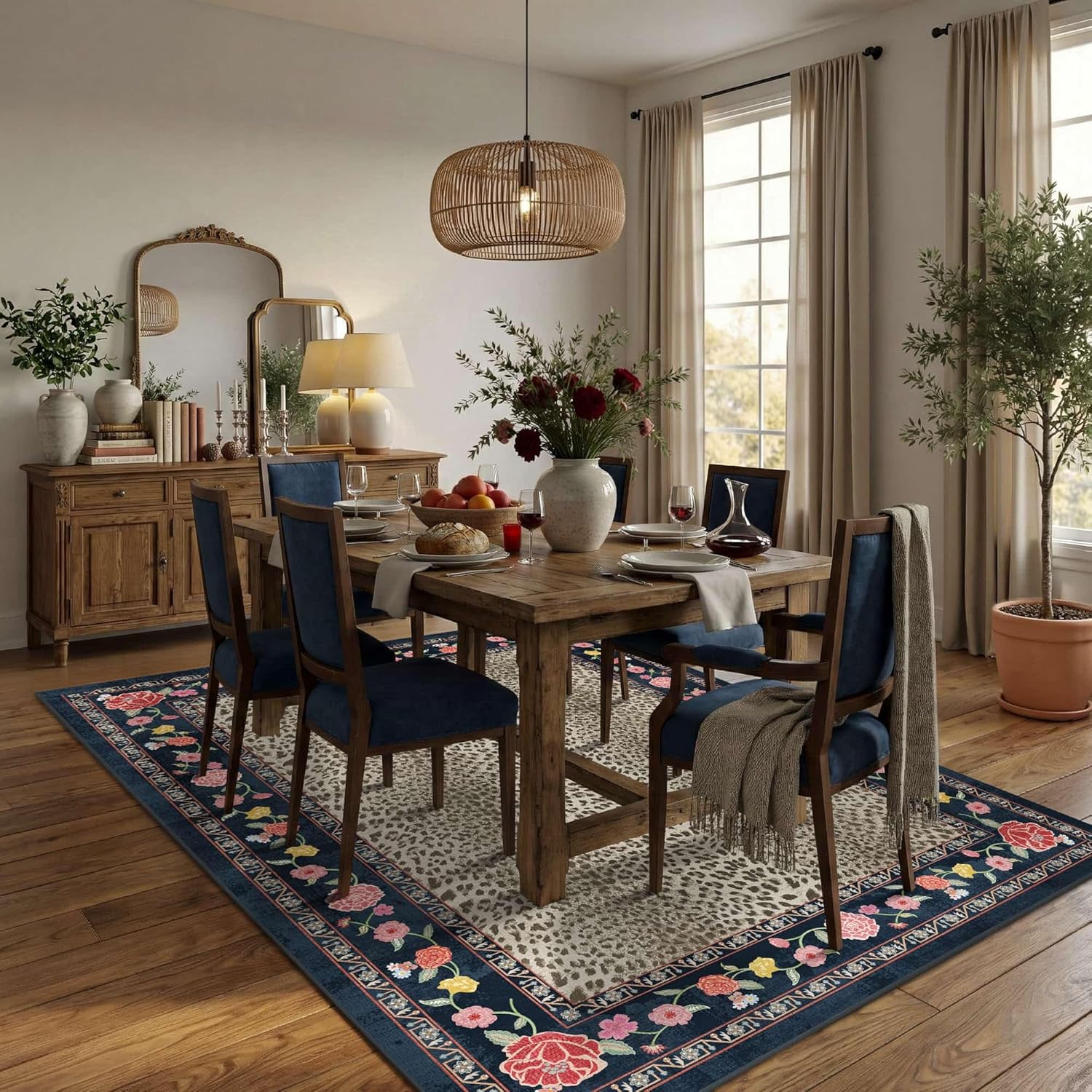 Rugxara 5x7 Leopard Print Rug for Living Room, Machine Washable Area Rug for Bedroom, Non-Slip Low Pile Animal Cheetah Carpet with Rubber Backing for Dining Room Kitchen Home Decor, Brown Blue
