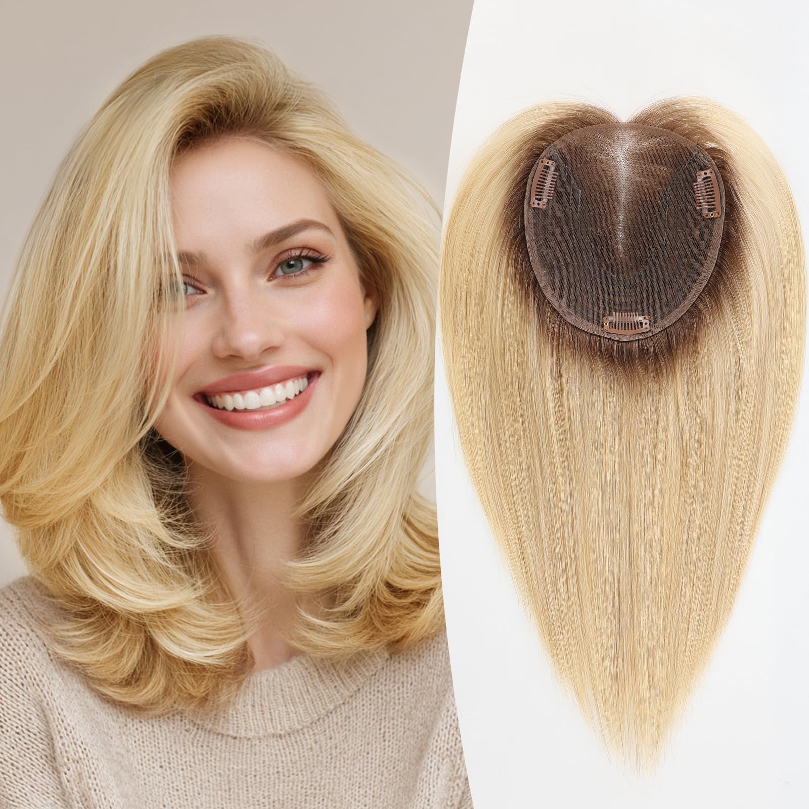 EMMOR 14 Inch Human Hair Topper for Women - 5" × 6" Upgrade Swiss Lace Base with 3 Non-Slip Clips, 100% Real Hair Toppers for Thinning Hair & Natural Looking(Ombre Light Blonde)