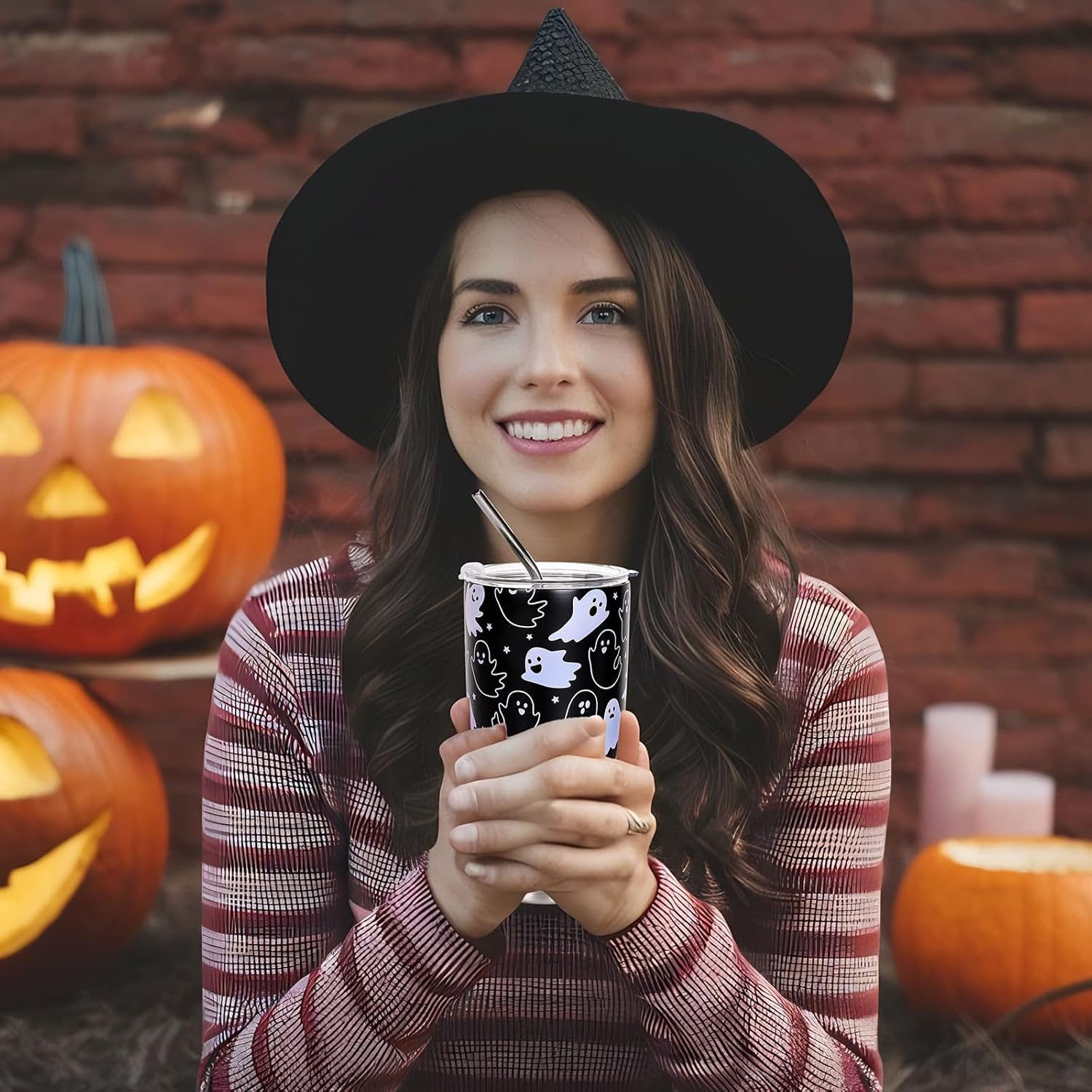 Whaline Halloween Ghost Tumbler Stainless Steel Travel Tumbler with Lid Straw and Brush Spooky Coffee Mug Cup for Women Travel Birthday Horror Gift - Image 5