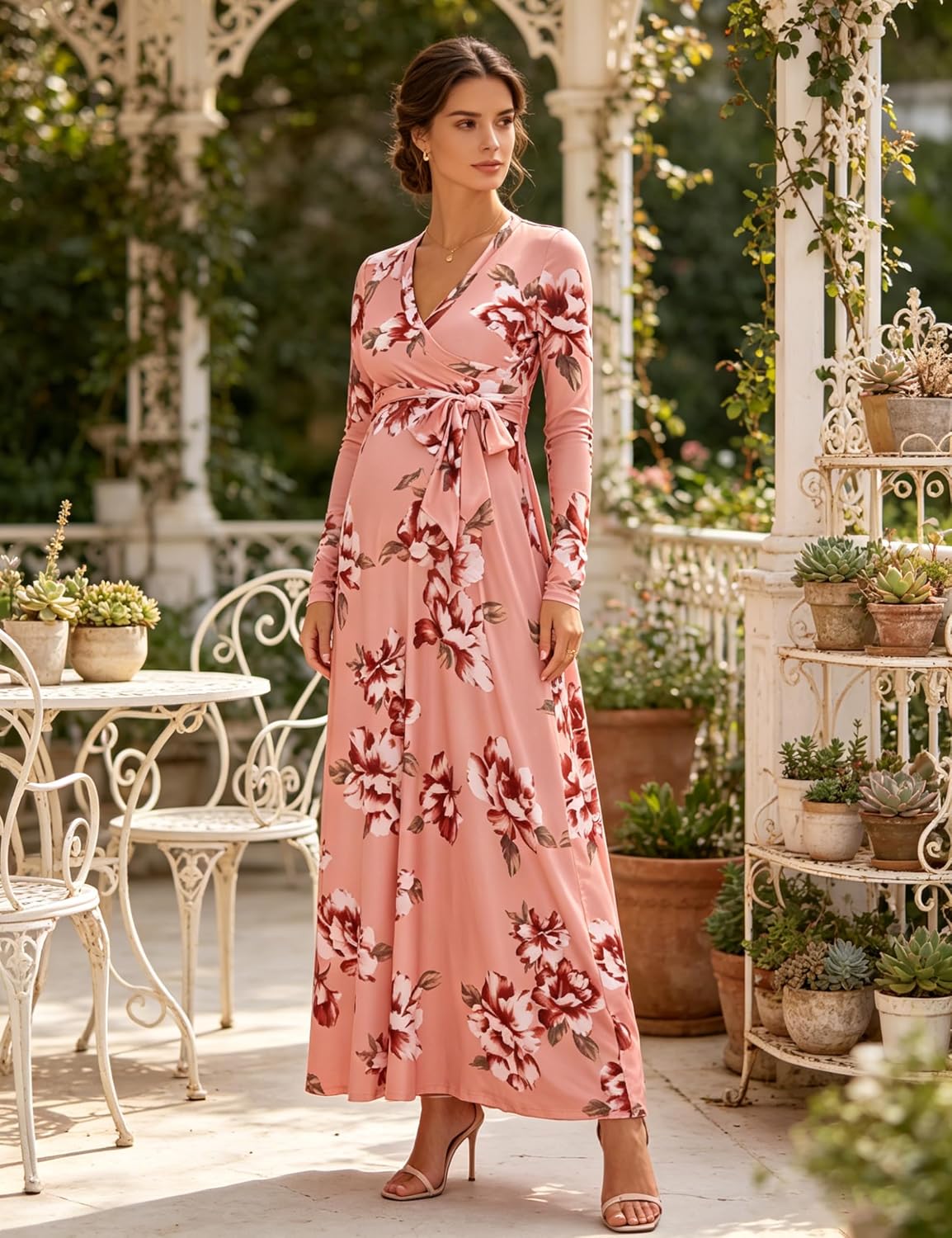 Floral Wrap Maternity Maxi Dress Long Sleeve V-Neck Tie Waist Formal Gown for Baby Shower Photoshoot